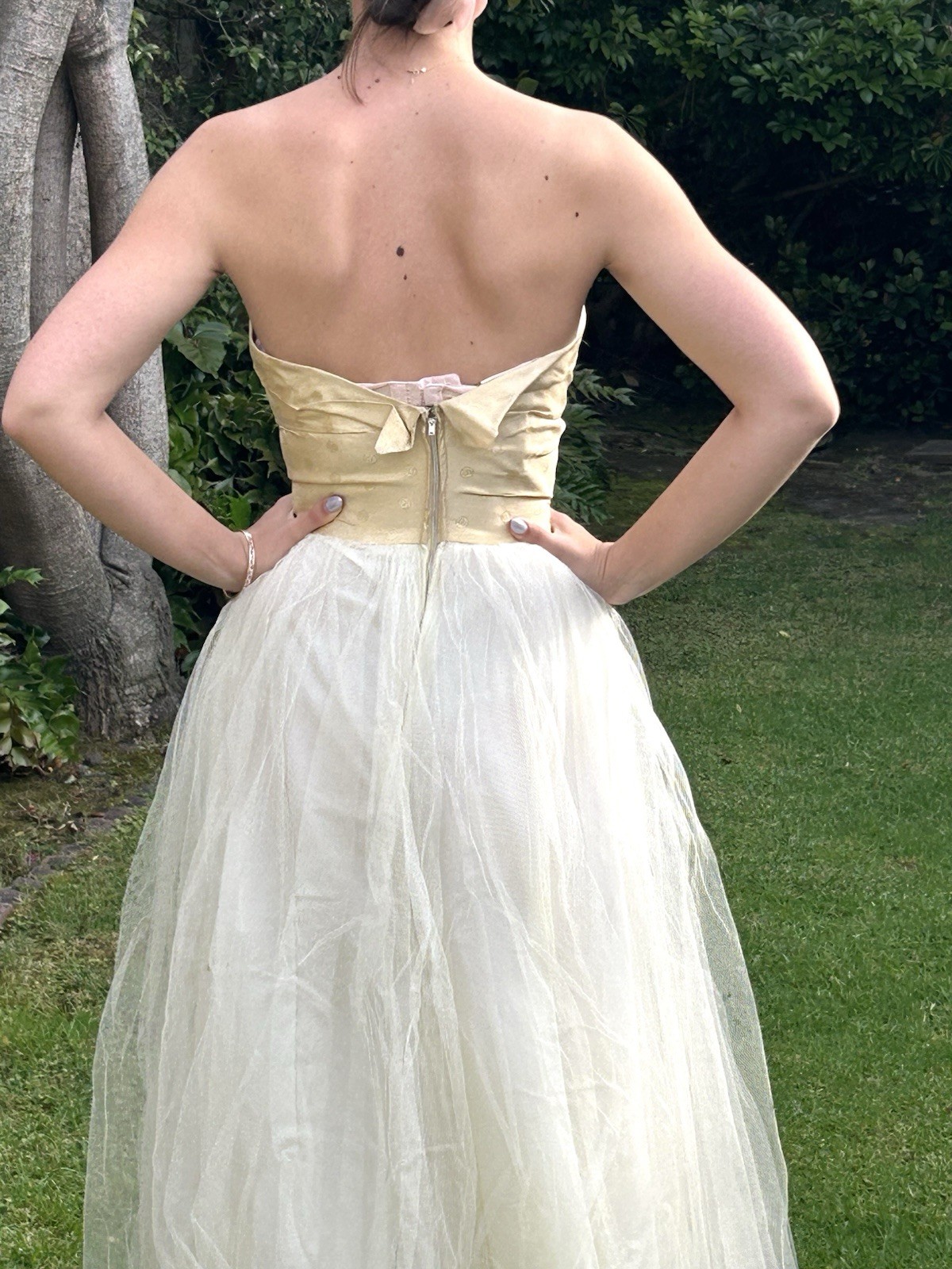 Vintage 50s S Strapless cotillion party Prom dress long Ivory Tulle