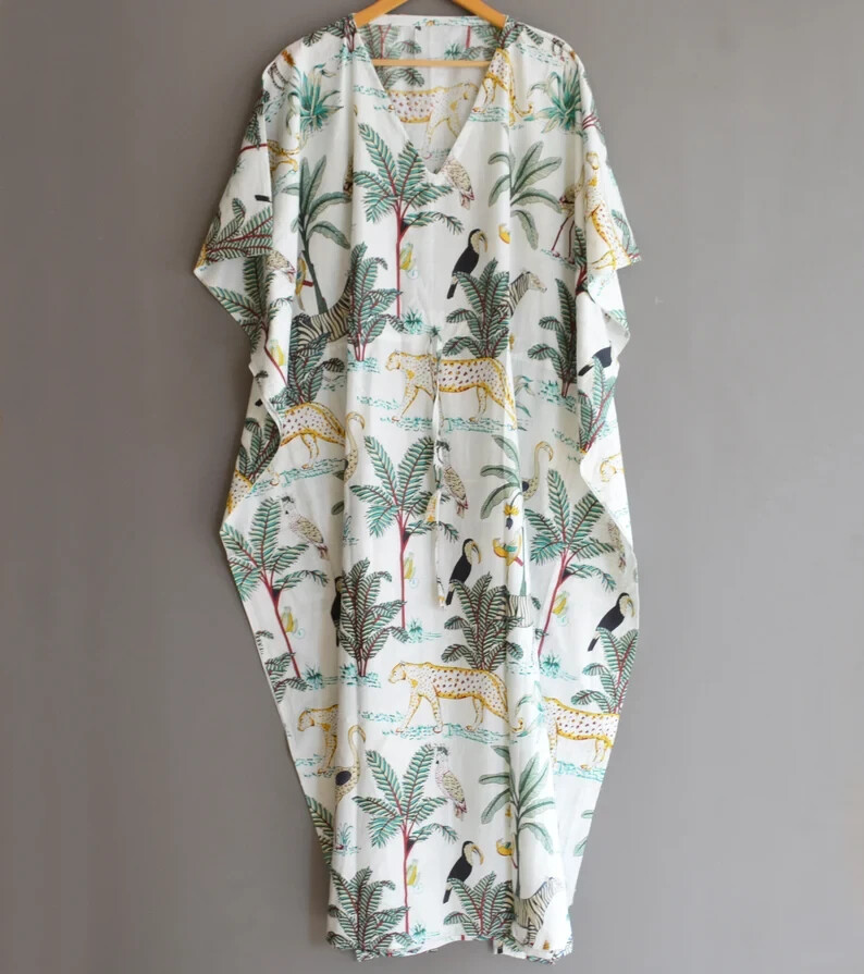 Indian Handmade Tiger Print Cotton Kaftan, Floral Long Free Size Caftan Beach