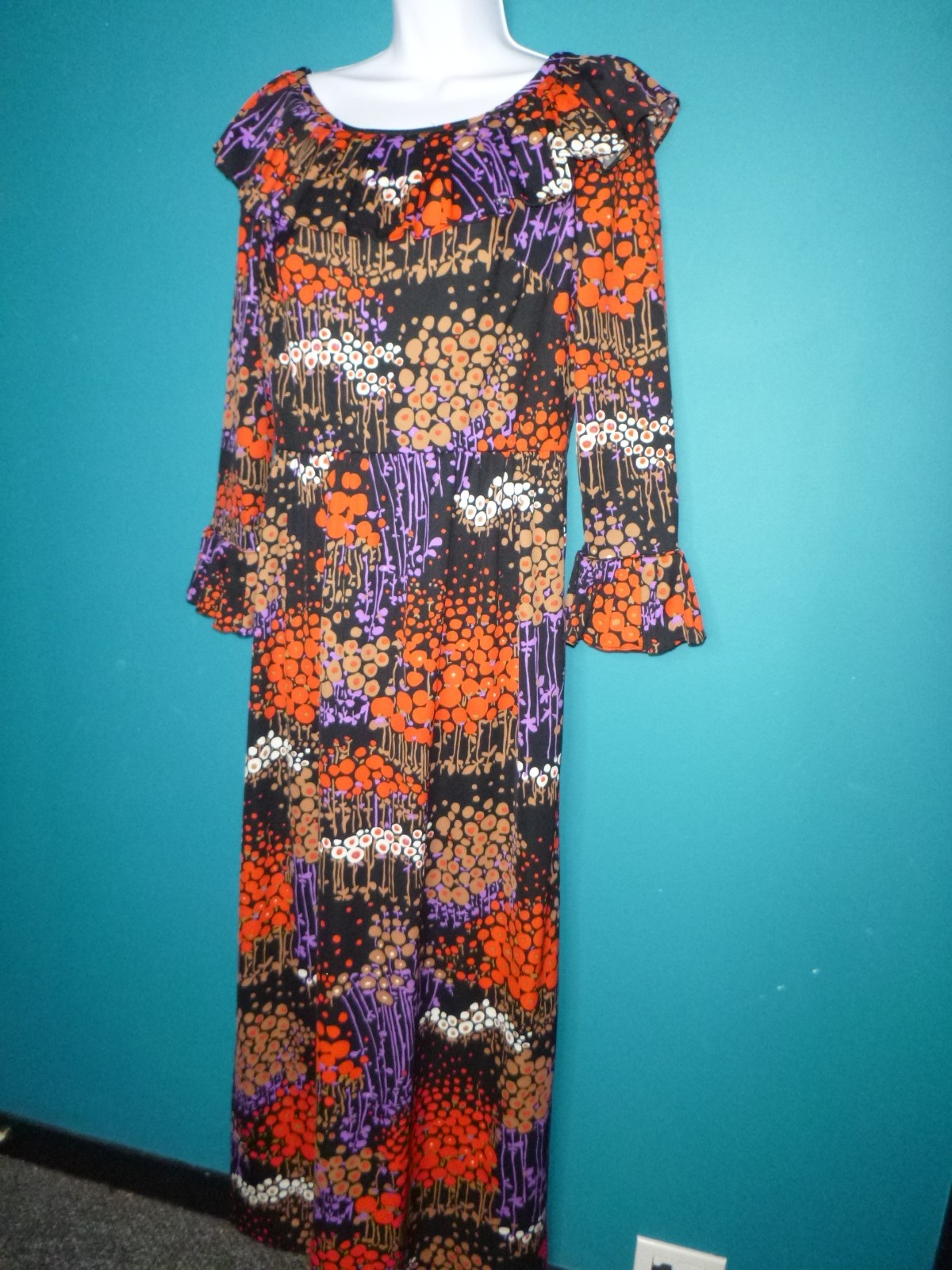 Vtg 70s Dynasty Stretch Poly MOD Maxi Dress Stylized Floral Sz S/M Hong Kong