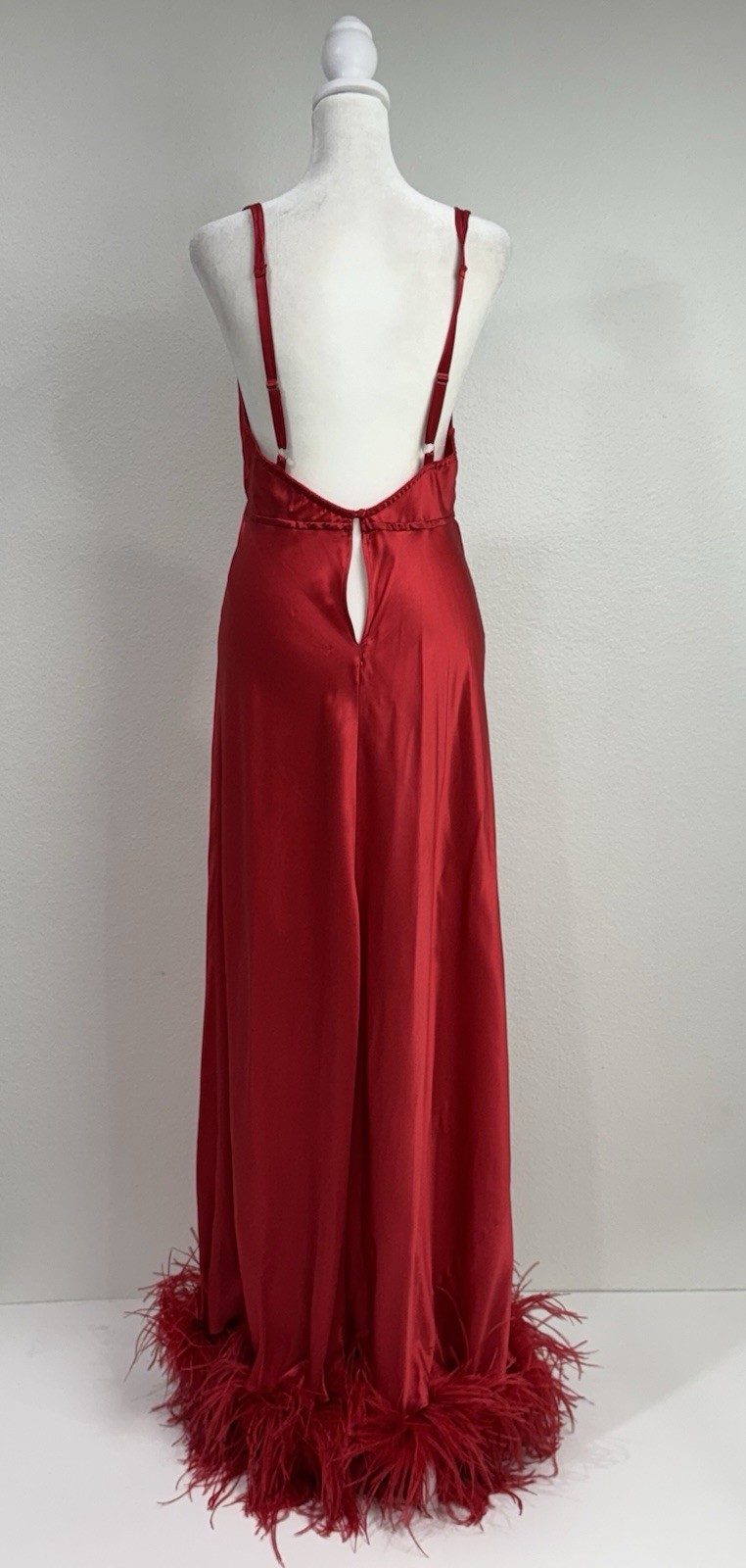 Vtg Jacalyn Bennett Fredericks Silky Red Satin Boudoir Gown Feather Trim S/M