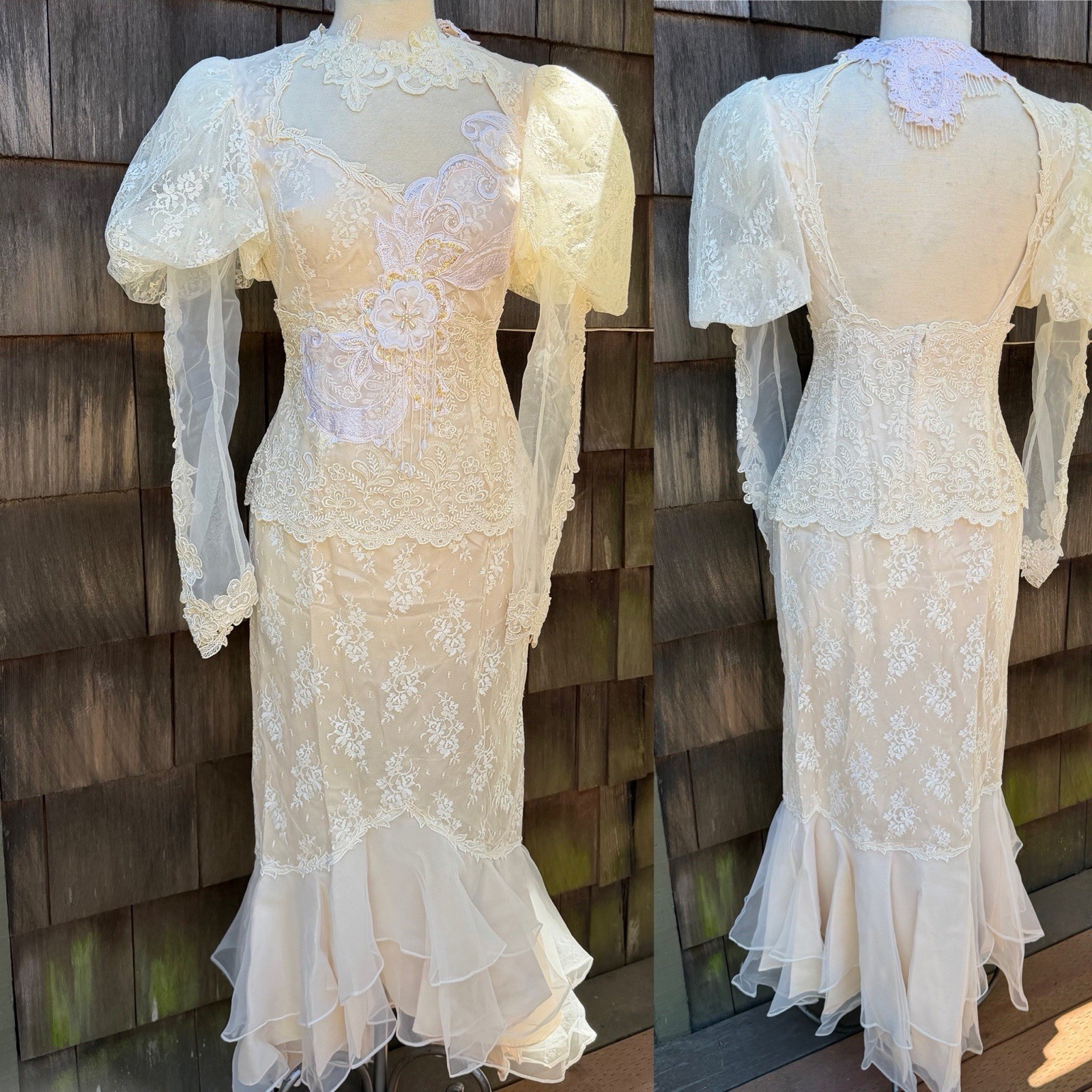 Vtg Lorrie Kabala Wedding Dress Ivory Victorian Lace Chiffon 12 M