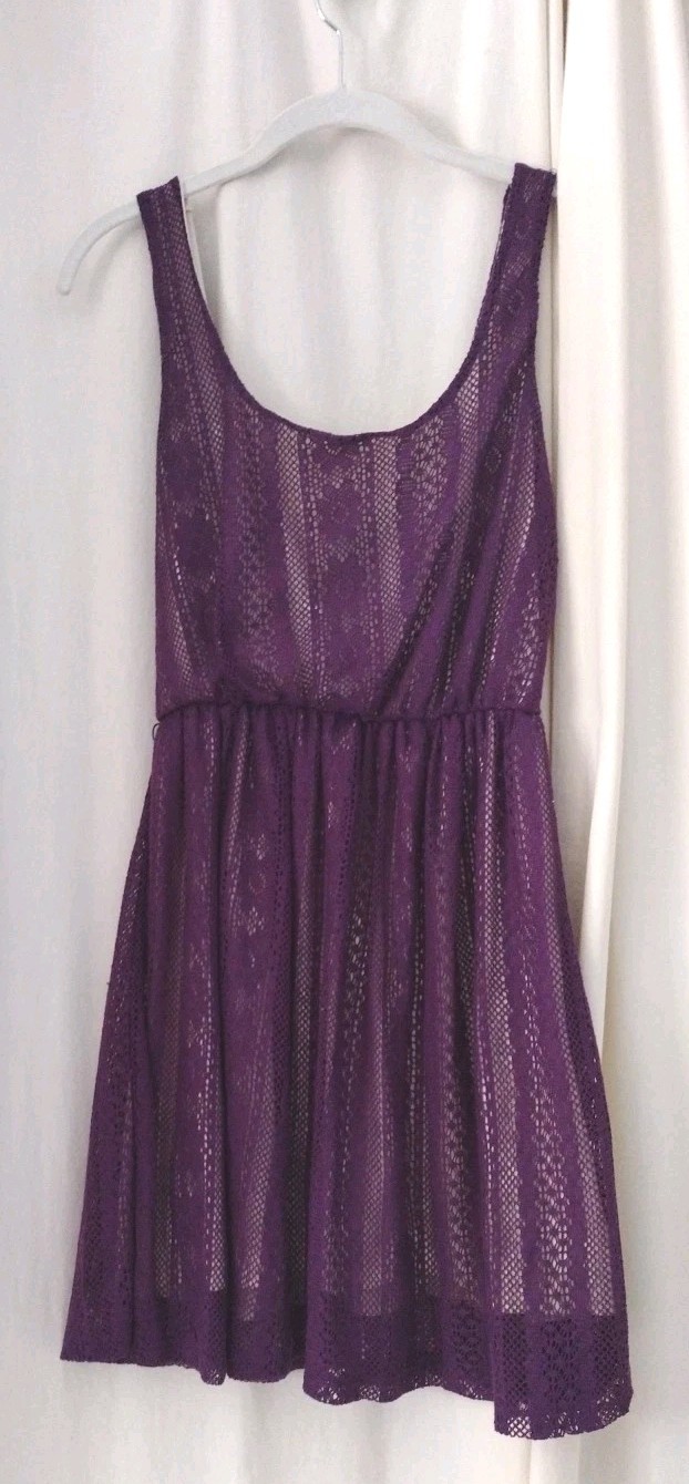 EUC Y2K Sequin Hearts Purple Lined Crochet Lace Stretch Dress Jr Sz M #CL