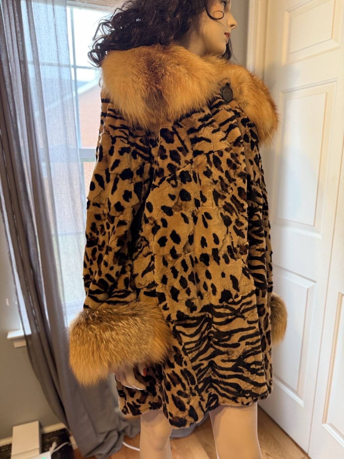 Birger Christensen Leopard Print Sheared Mink Fur Coat w/ Fox Collar & Cuffs M