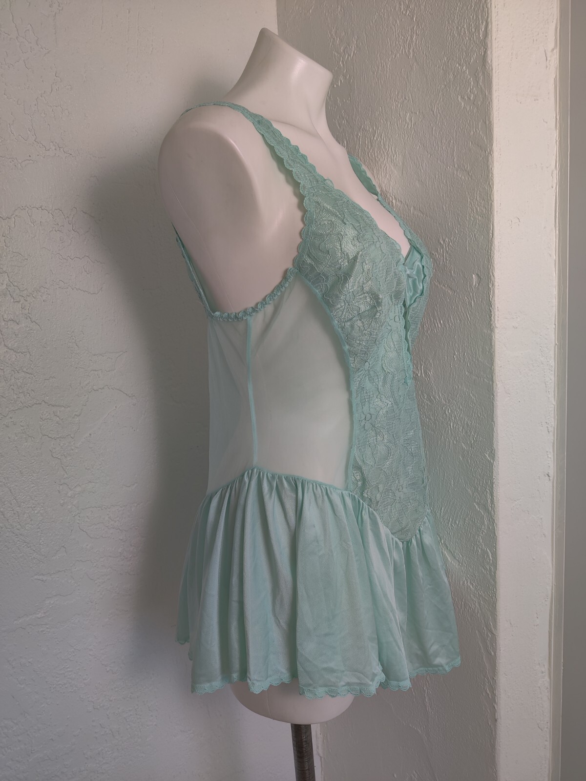 Vintage Alana Gale Large Sexy Babydoll 4663 Nightie Ruffle Lace Chiffon Aqua EVC