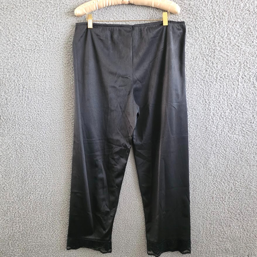 Vintage Nylon Sleepware Pants Medium Black Elastic Waist Lace Hem Grannypants