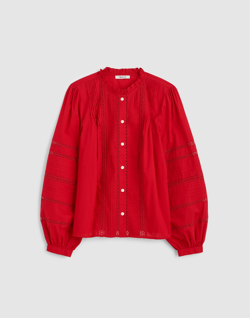 NWT Madewell Lace-Insert High-Neck Pintuck Top