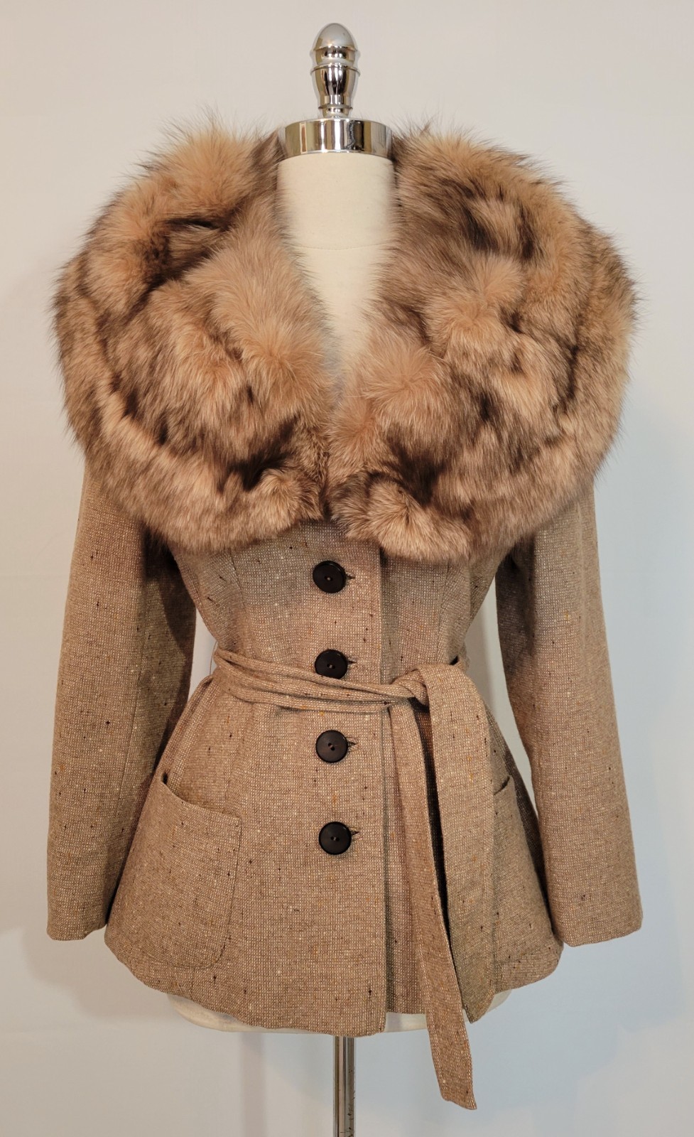 60s 70s LILLI ANN Wool Tweed Massive Fox Fur Collar Jacket M Medium