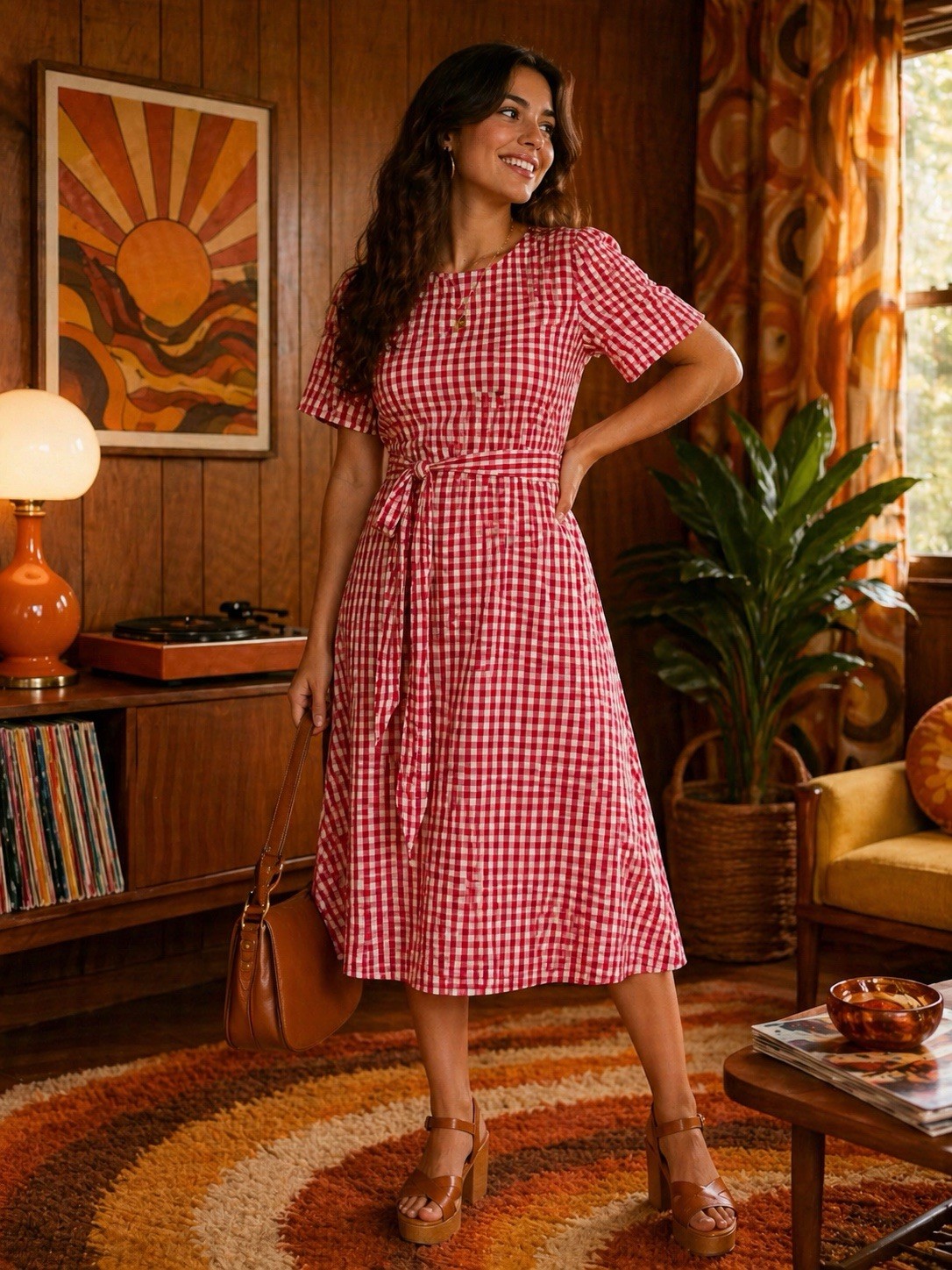 Vintage KORET Ghingam Picnic Dress Cottage Country Side Tie Waist Red Checkered