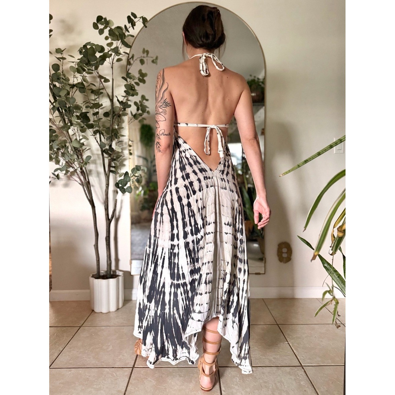 Vintage Y2K Tie Dye Backless Handkerchief Hem Maxi Dress Boho Festival