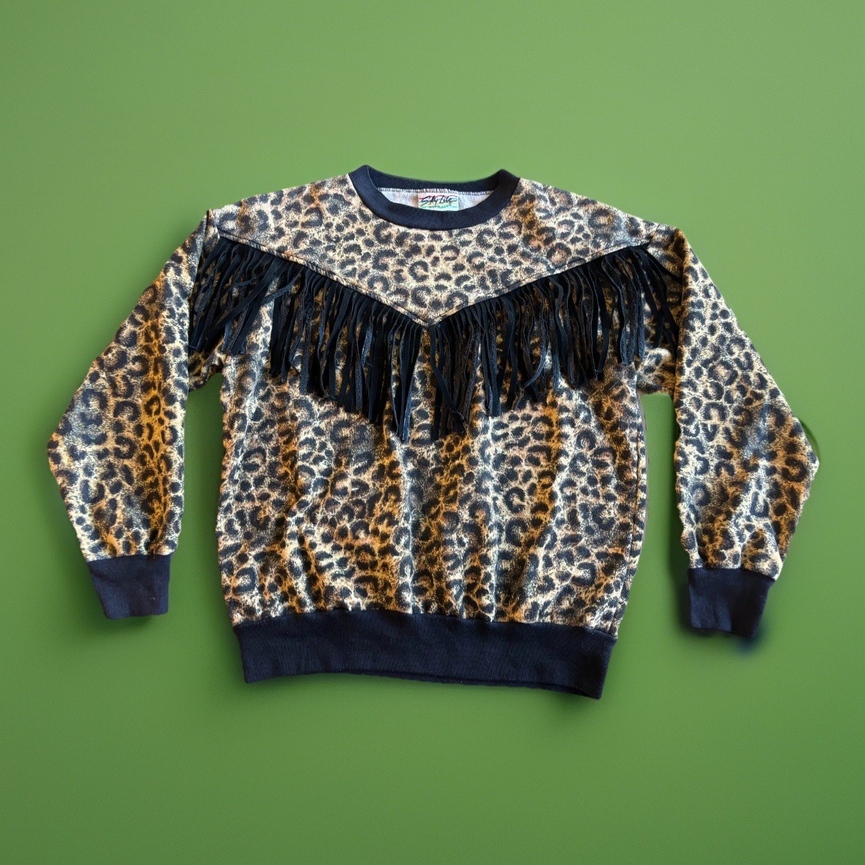 VTG 80s Leopard Print Sweatshirt Fringe Sky Lite Size Medium USA Made