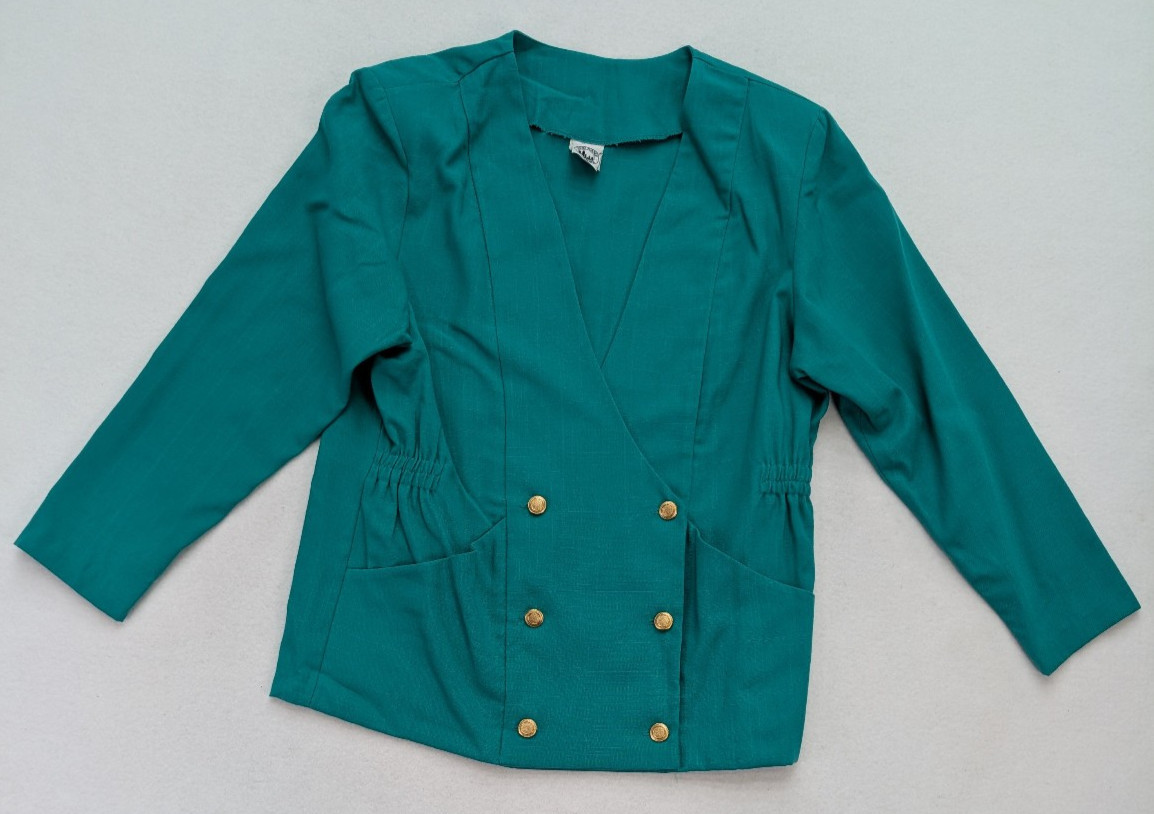Vintage 80s Women&rsquo;s Skirt Suit Size 16 Green Double-Breasted Belt
