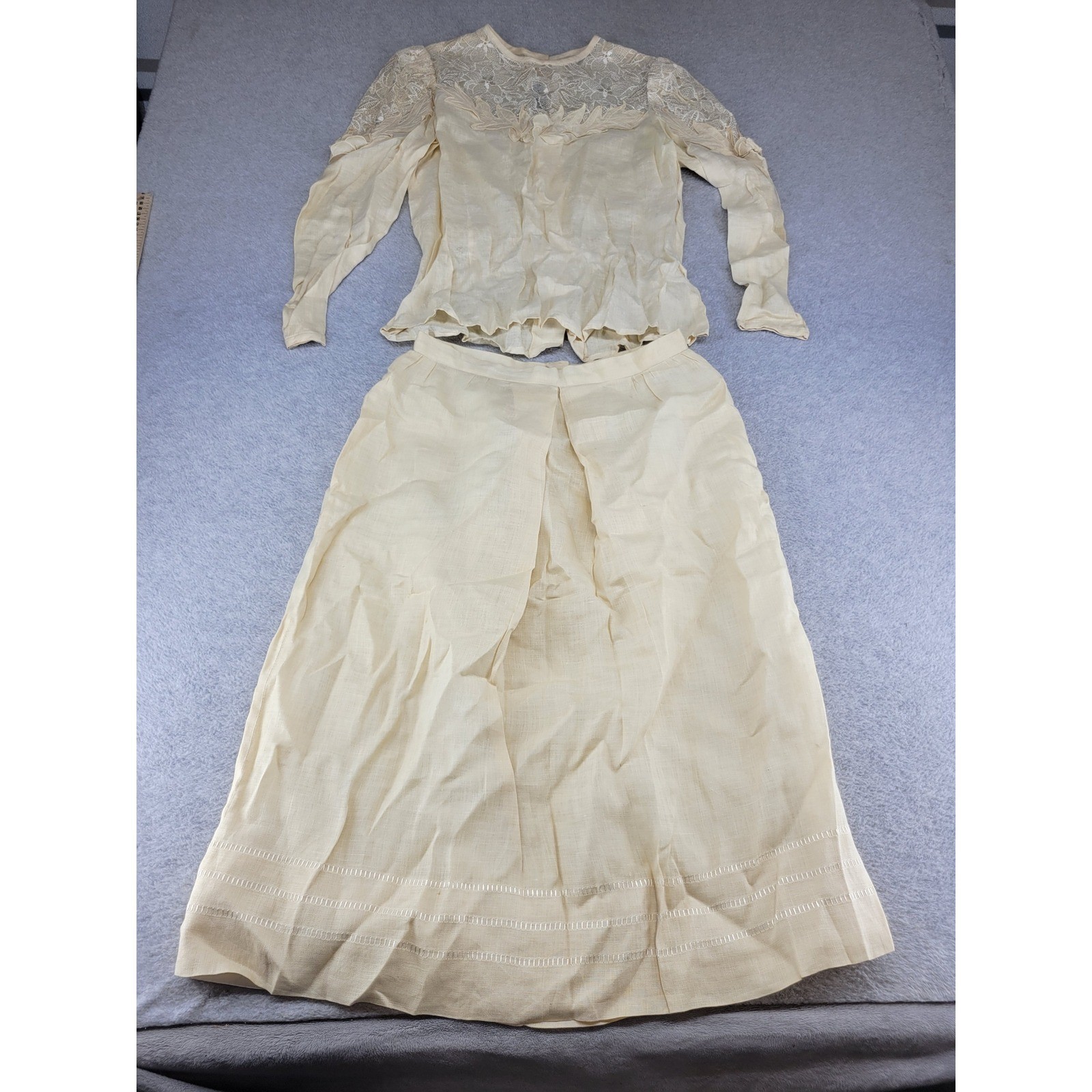 Vintage Cloak of Many Colors Linen Skirt Set Cream Lace Victorian Revival