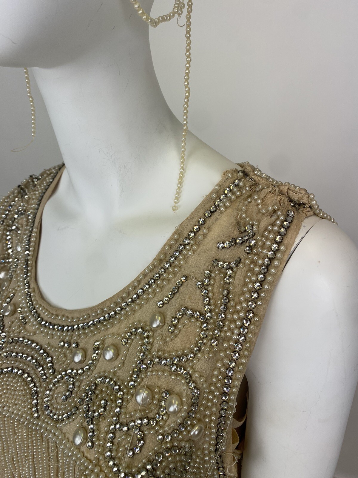 Real Antique 1920s Flapper Wedding Gown Train Headpiece Pearls Rhinestones