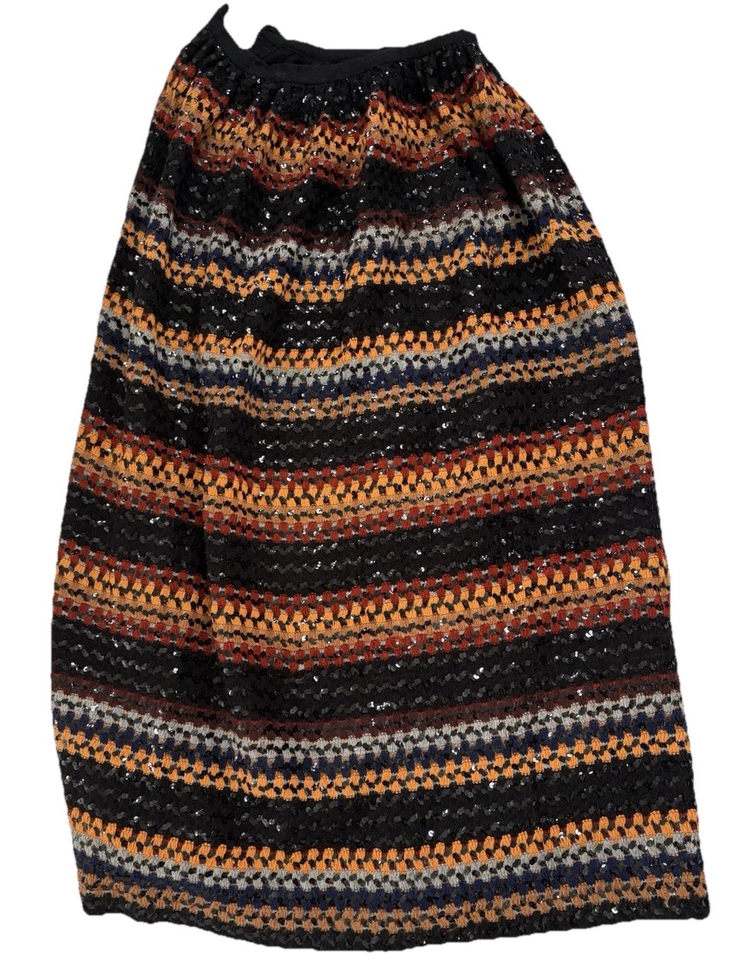 Vintage Lilli Diamond Crochet Sequin BOHO MAXI Skirt Small Black Striped STRETCH