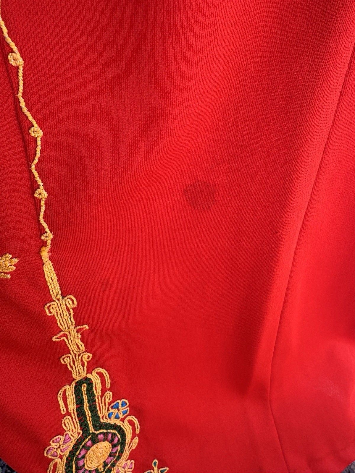 Vintage 1960s Red Hostess Column Maxi Dress With Gold Soutache Embroidery Size M