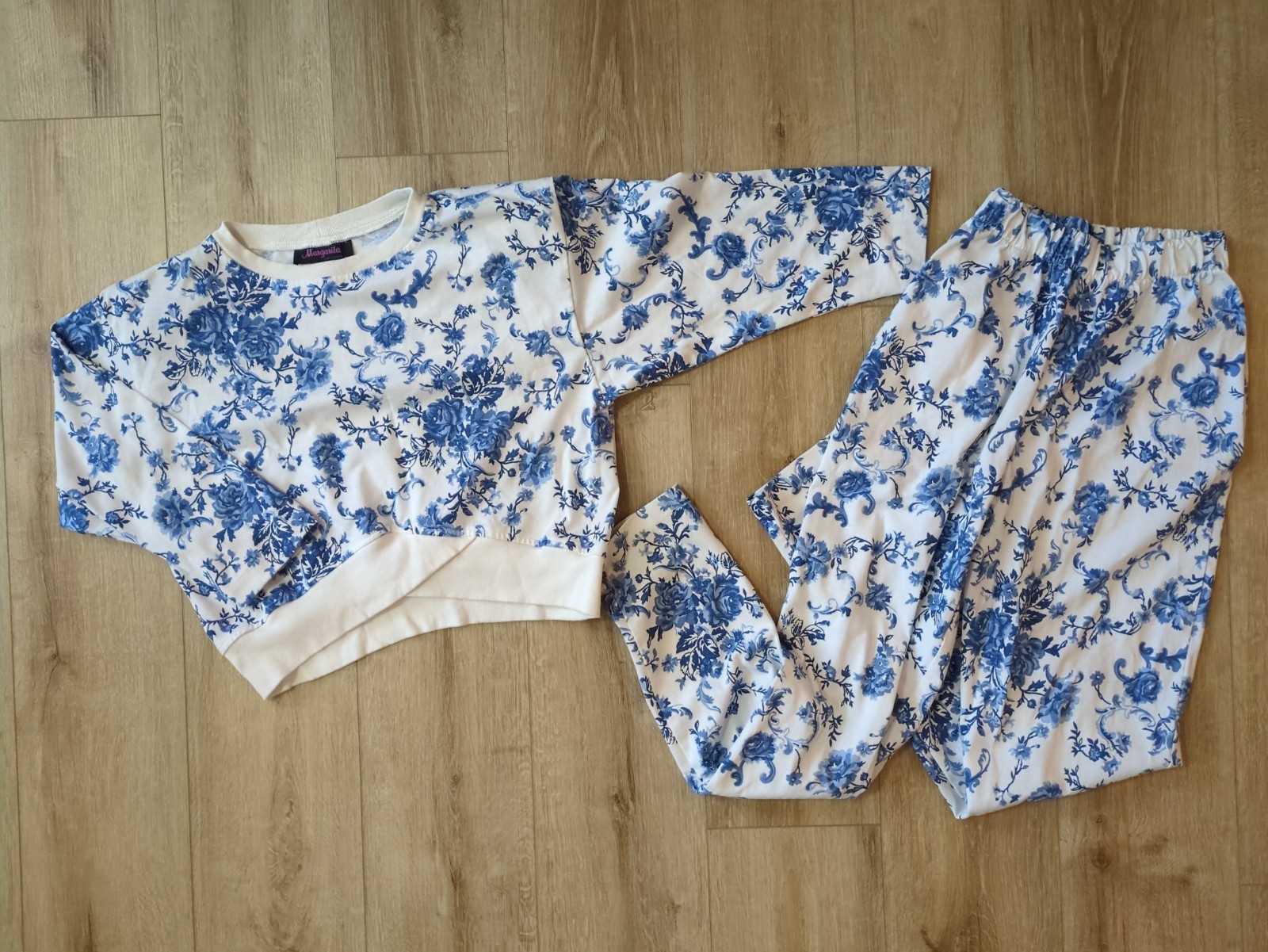 Vintage 80s 90s Lounge Crop Top Pants Matching Outfit Set AOP Blue Rose S
