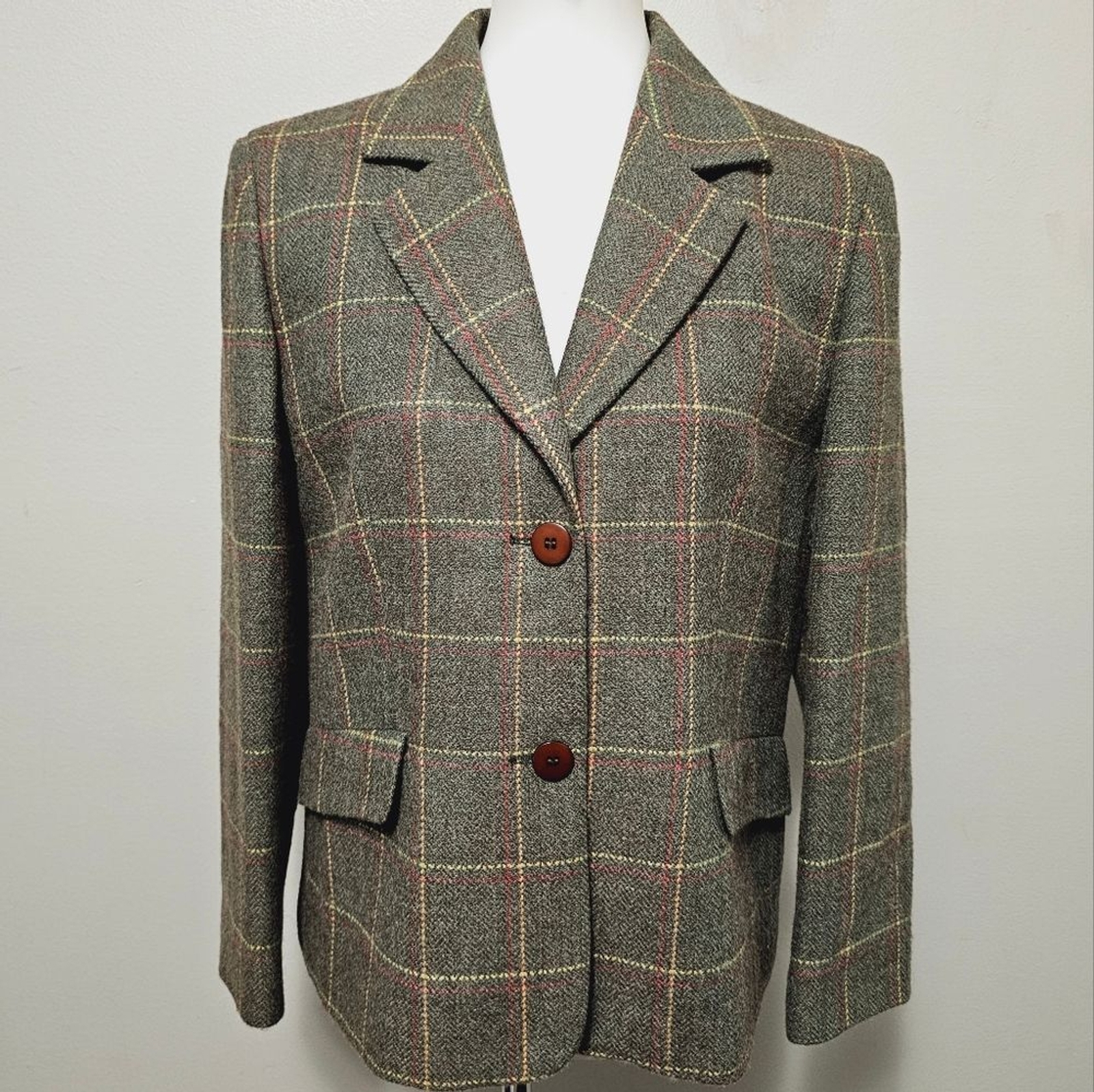 Vintage Petite Sophisticate Drab Olive Plaid Wool Blend Blazer Size 12