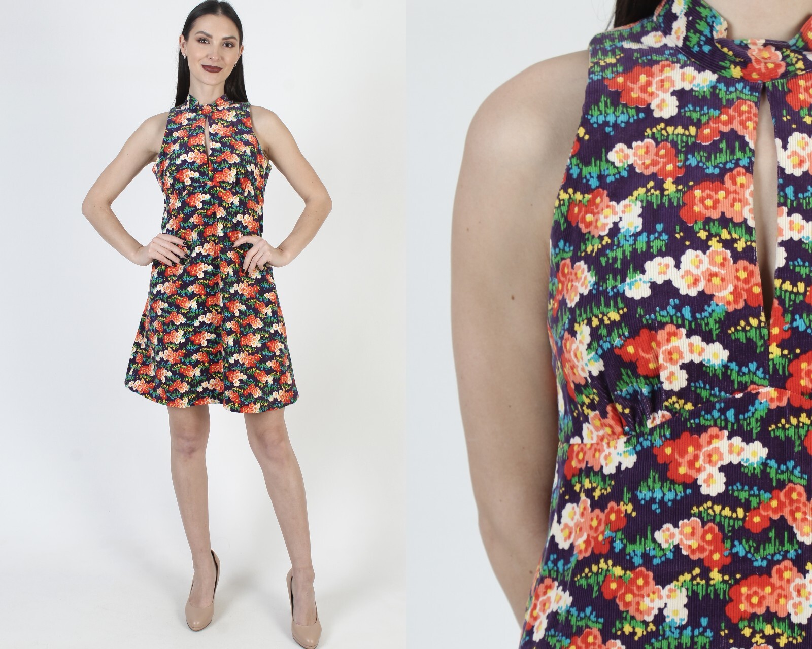 Vintage 60s Corduroy Psychedelic Dress Bright Trippy Mod Cut Out Mini Sundress