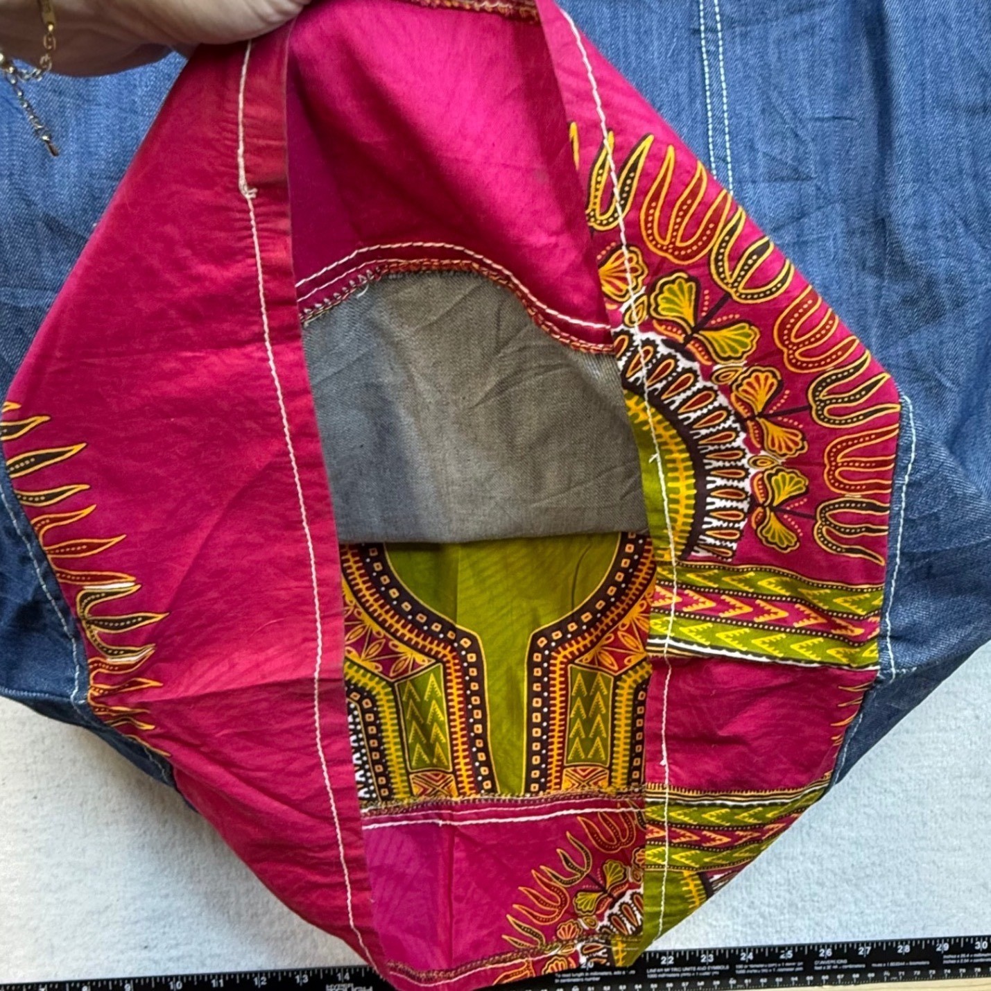 Denim Patchwork Dress Tribal Print Zip Front Pockets homemade boho artisan RARE