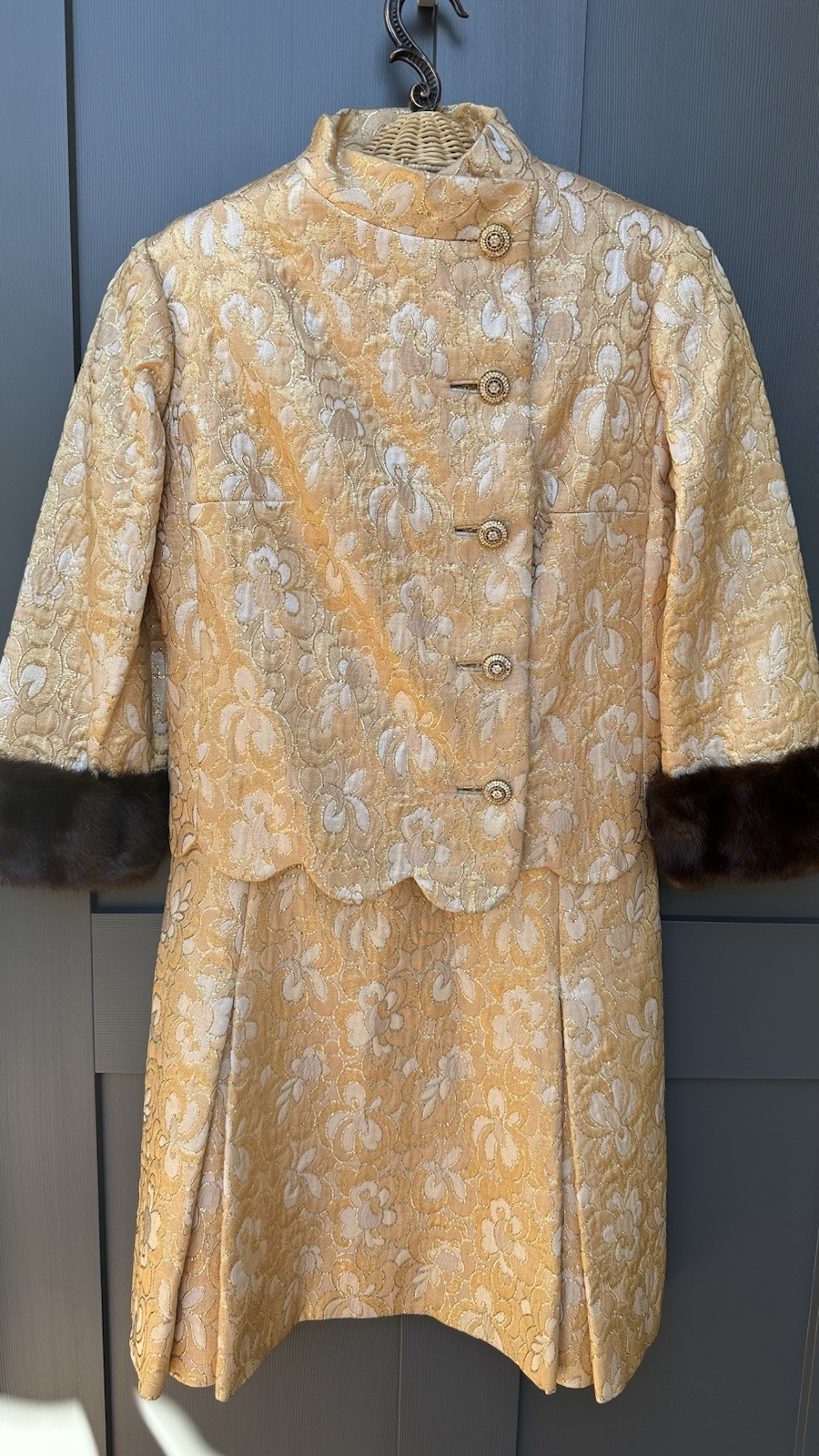 Vintage Mr. Frank Original Brocade Gold Dress/Jacket Fur Sleeve Lined Size 8.A-8