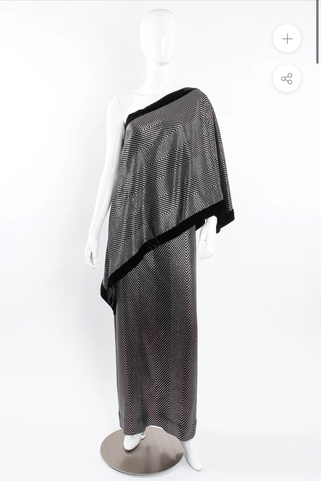 Vintage 1980 Gucci ASYMMETRIC SILVER STRIPE SHAWL DRESS Silk And Metallic Size S