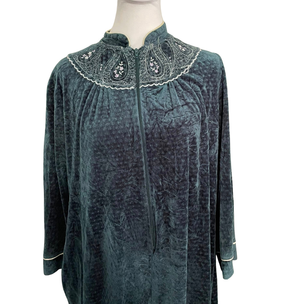 Vintage Heather Velour Robe Half Zip Embroidered USA 70s 80s Dark Teal M