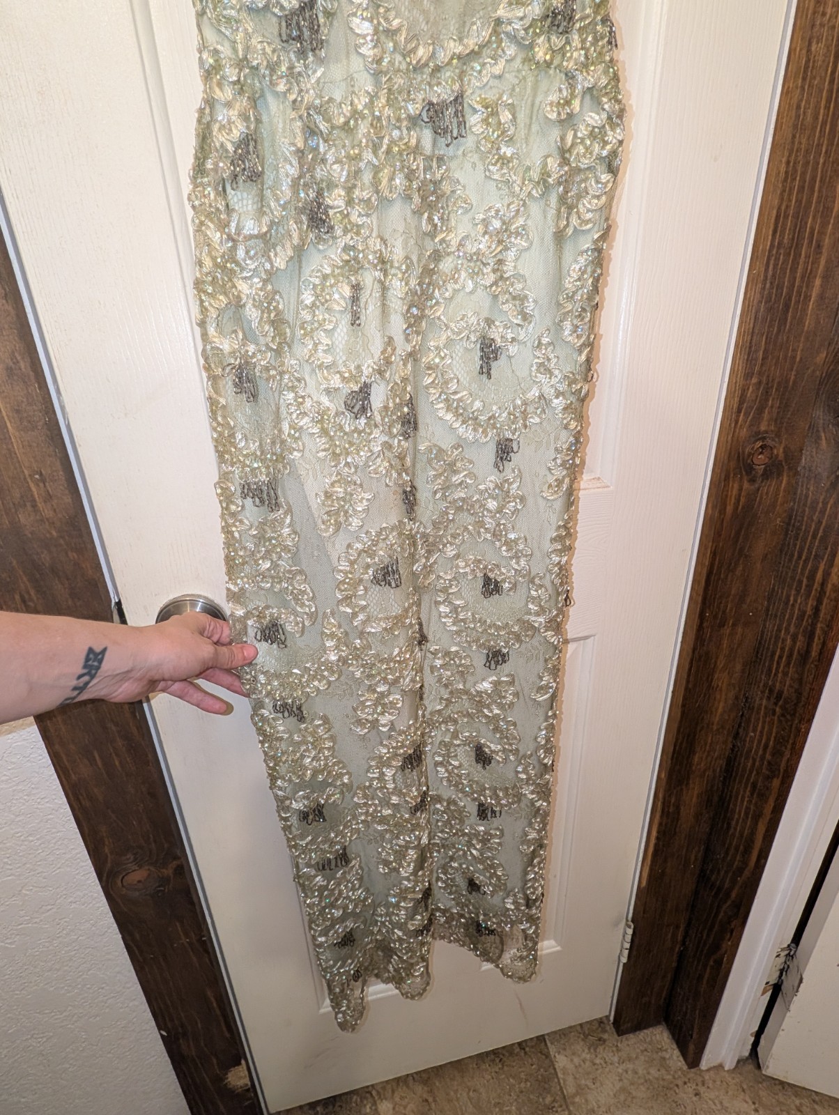 Vintage Handmade Green Beaded Evening Gown Size 0 w/ Coat Fur Accessories AS IS
