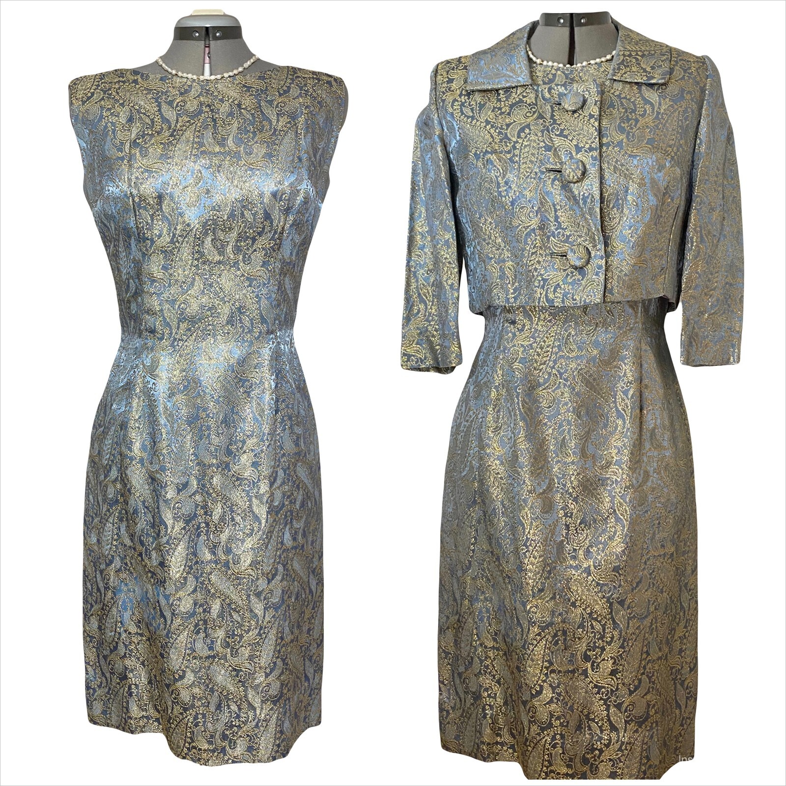 1960s Silk Damask Paisley Lurex Sheath + Bolero Jacket Blue Lamé Cocktail Dress