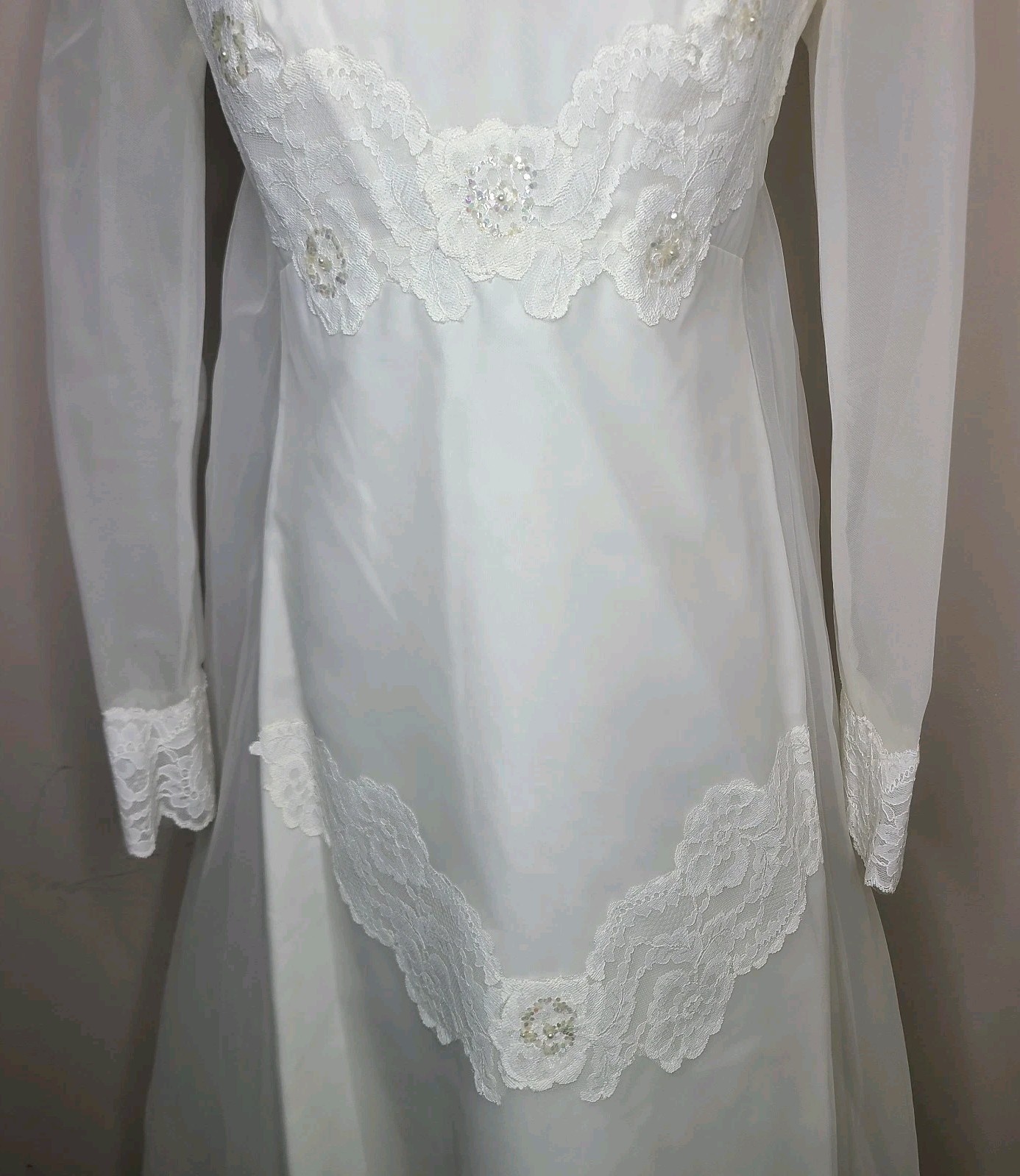Vintage Union Made 60s Prairie Lace Sequin Empire Waist Wedding Dress Ivory