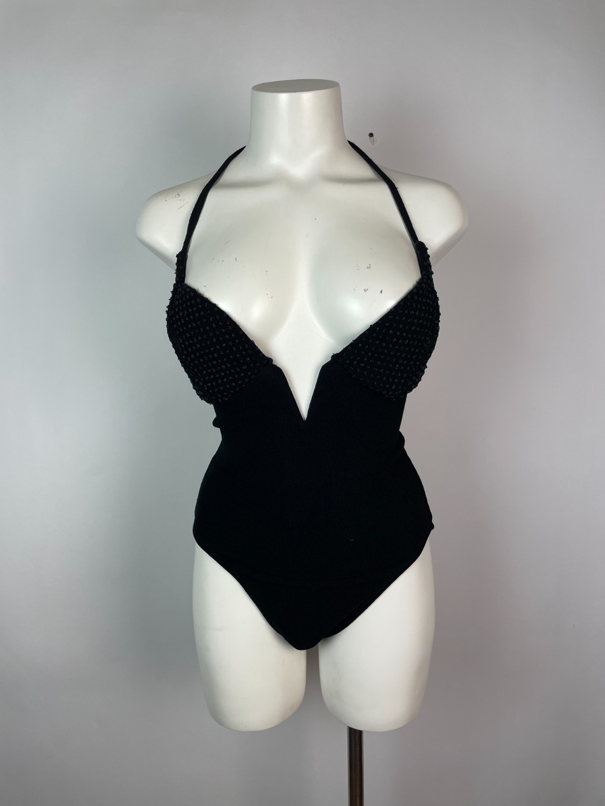 Vintage 90s Bodysuit Robin Piccone Black Embellished Bodycon Halter 12