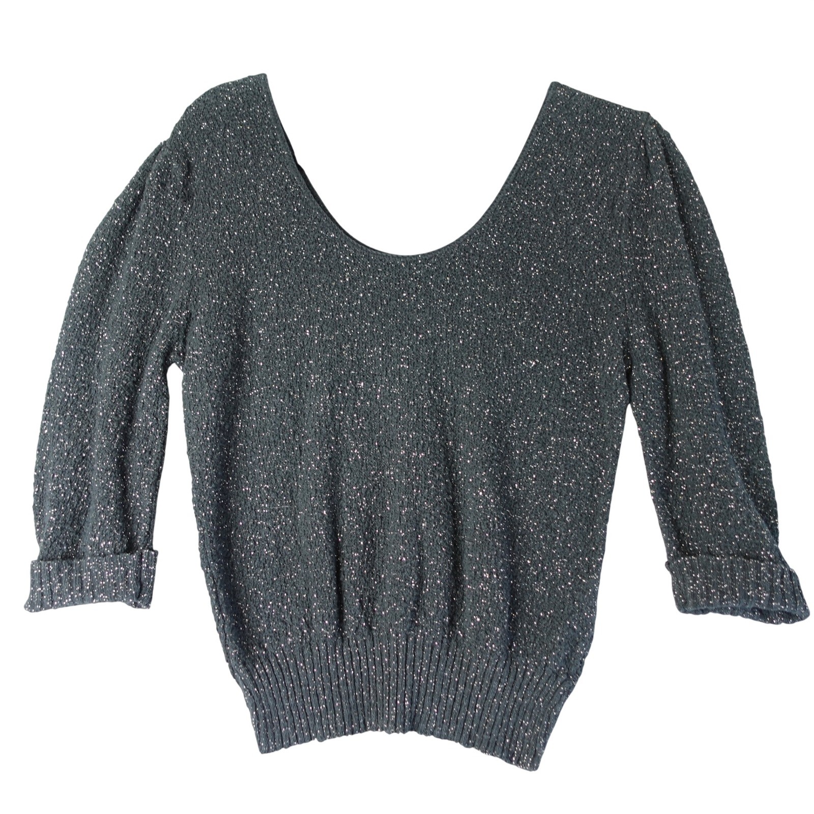 Vintage Sweater Womens Med Black Metallic Shimmer Scoop Neck Knit Top Disco Goth