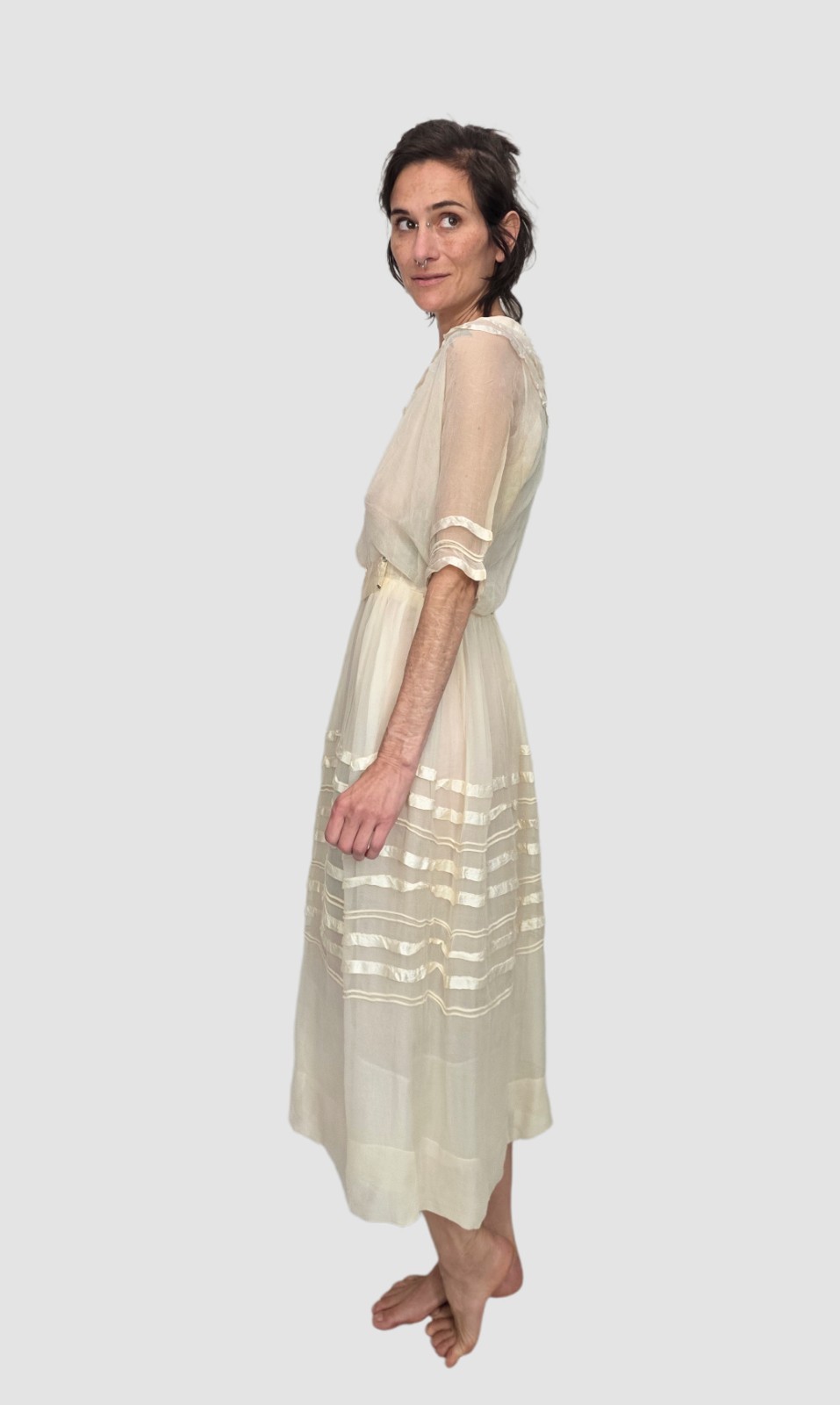 1910s Ivory Silk Chiffon Dress | Edwardian Tea Dress | Sheer Ribbon Trim Antique
