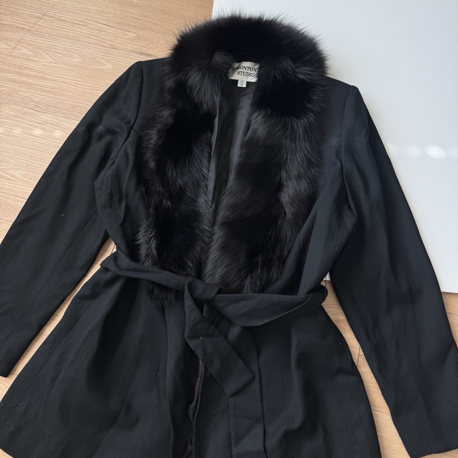 Vintage Wool Jacket Fox Fur Collar Black USA 90s Simonton Studio Large
