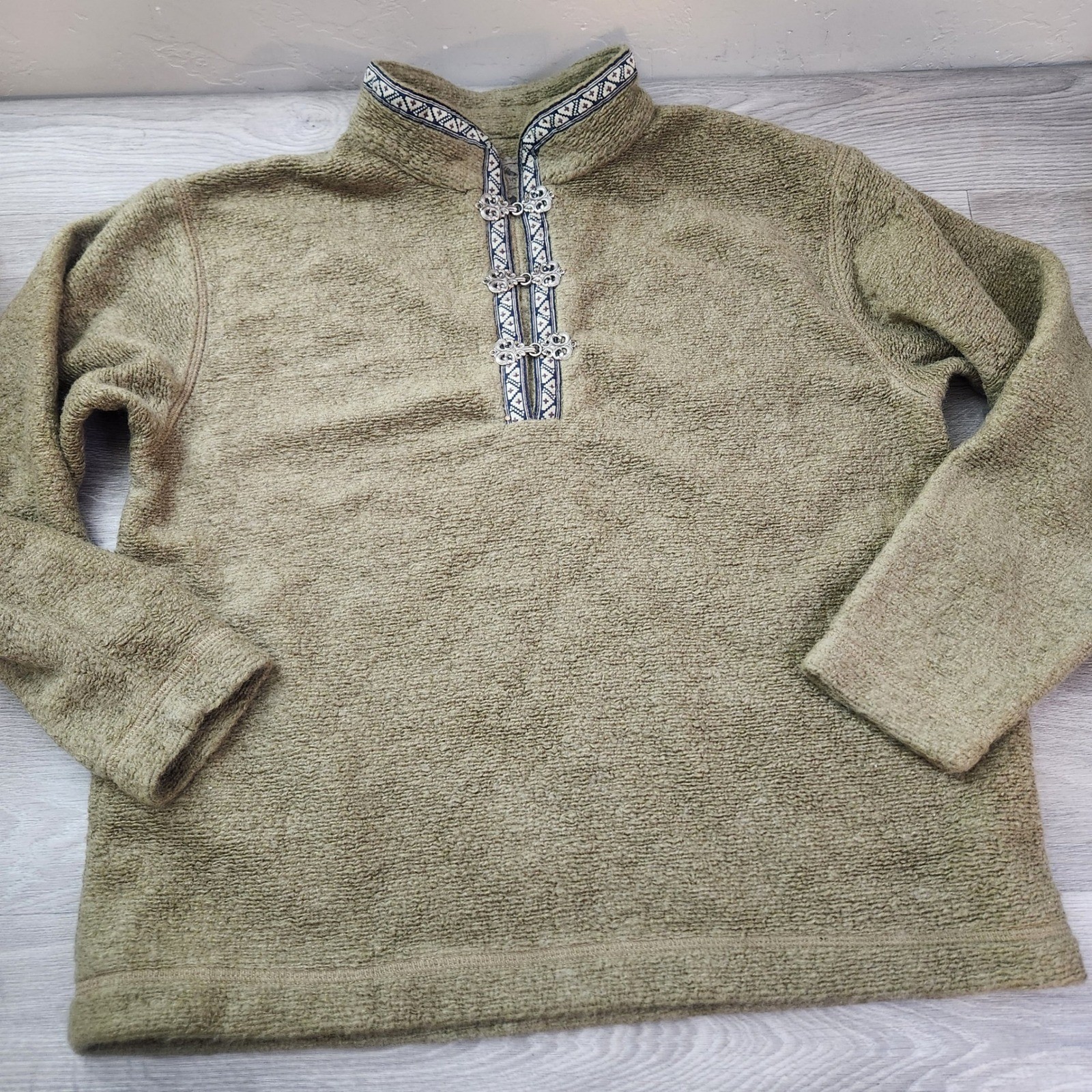 Vintage Green Brown Sierra Sport Pullover Fleece Jacket Size L Mohair Aztec Trim