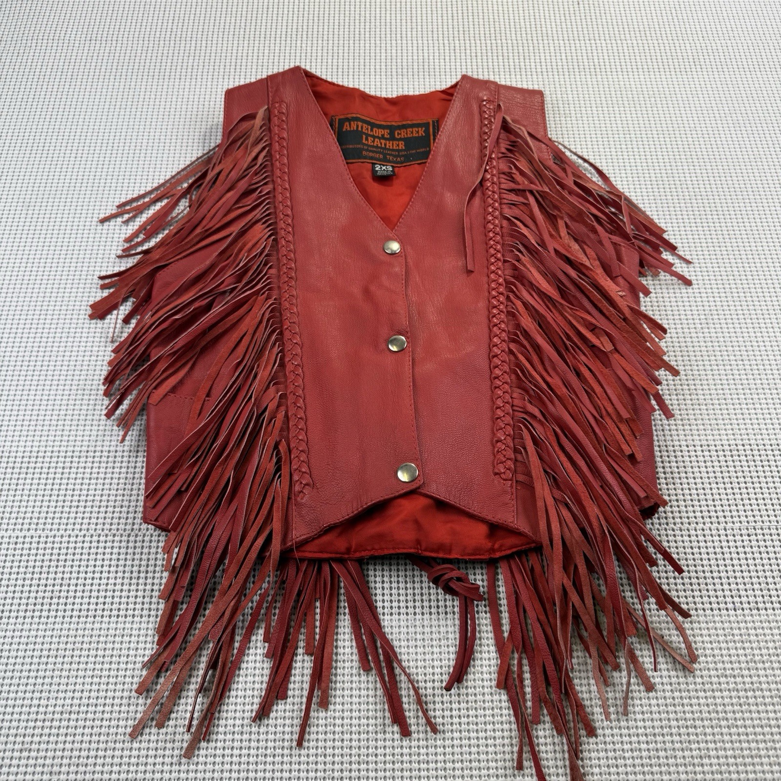 Vintage Antelope Creek Women’s 2XS Red Leather Fringed Vest, Lined, Pockets GUC