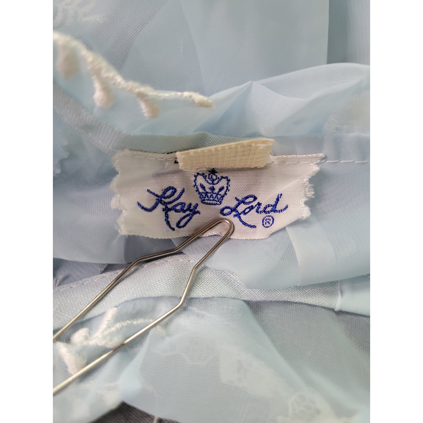 Vintage Kay Lord Blue Sheer Nylon Embroidered Lace Peter Pan Blouse Size 38 NWT