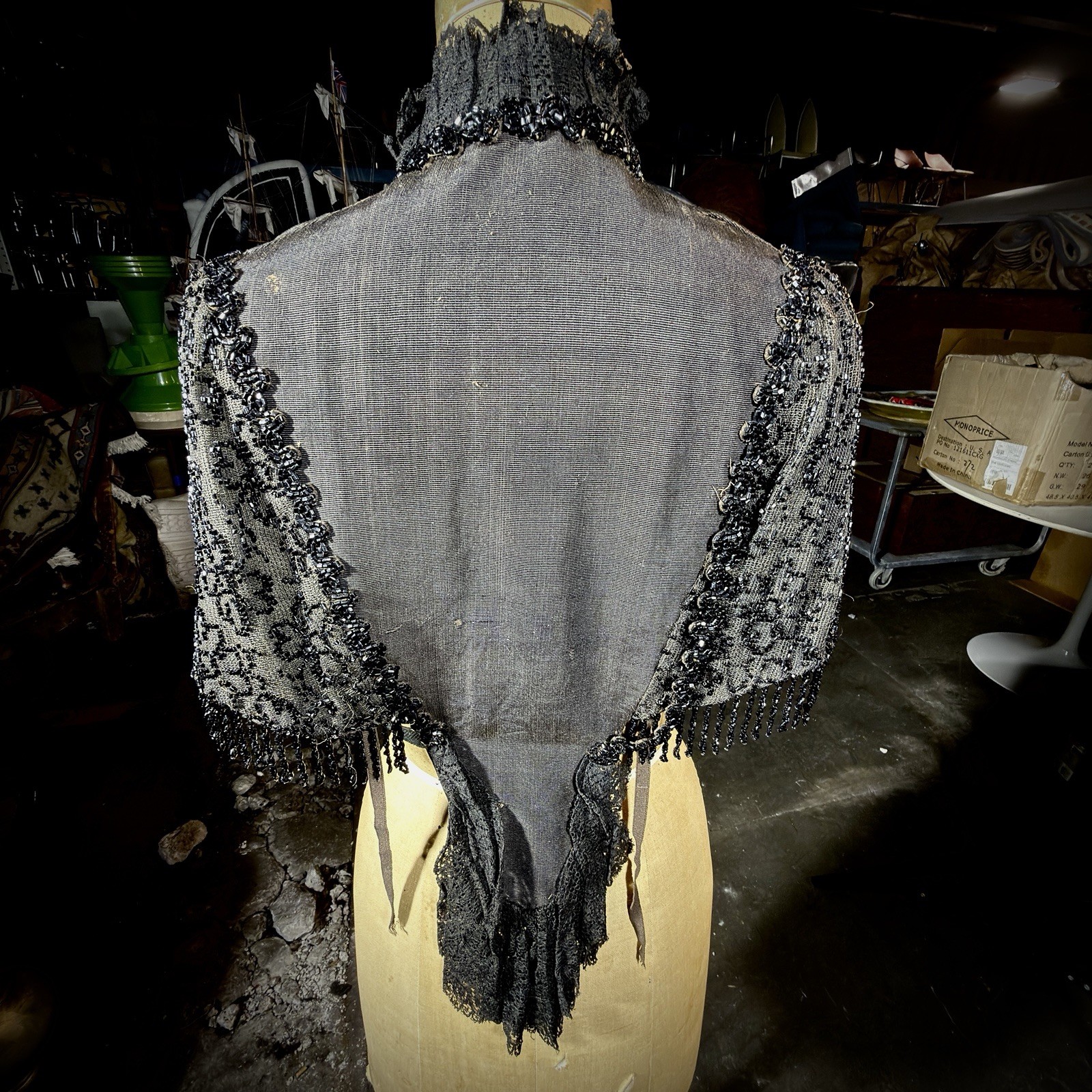 Antique Victorian Mourning Cape | 1880s Jet Beaded & Chantilly Lace Mantle
