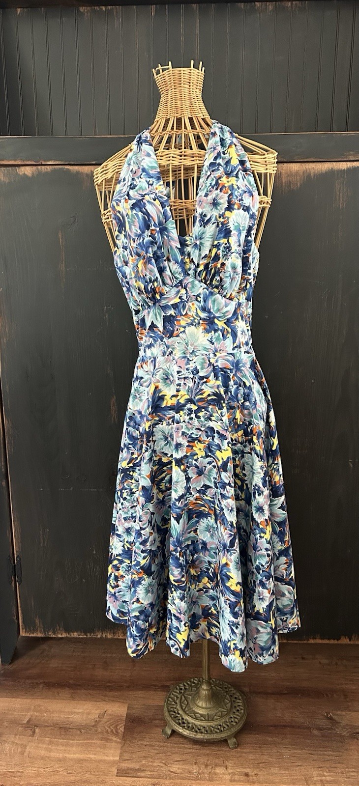 Vintage MAILE BLUE FLORAL DRESS Mid Century 1950s HALTER Fitted MADE in HAWAII