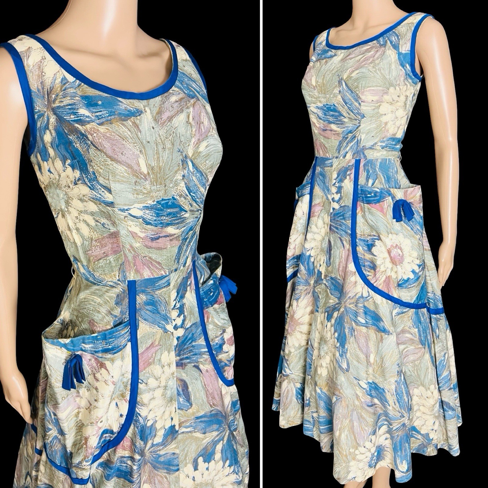 Vintage 1950s Floral Hand Painted Blue White Gold Cotton Dress Rhinestone Xs