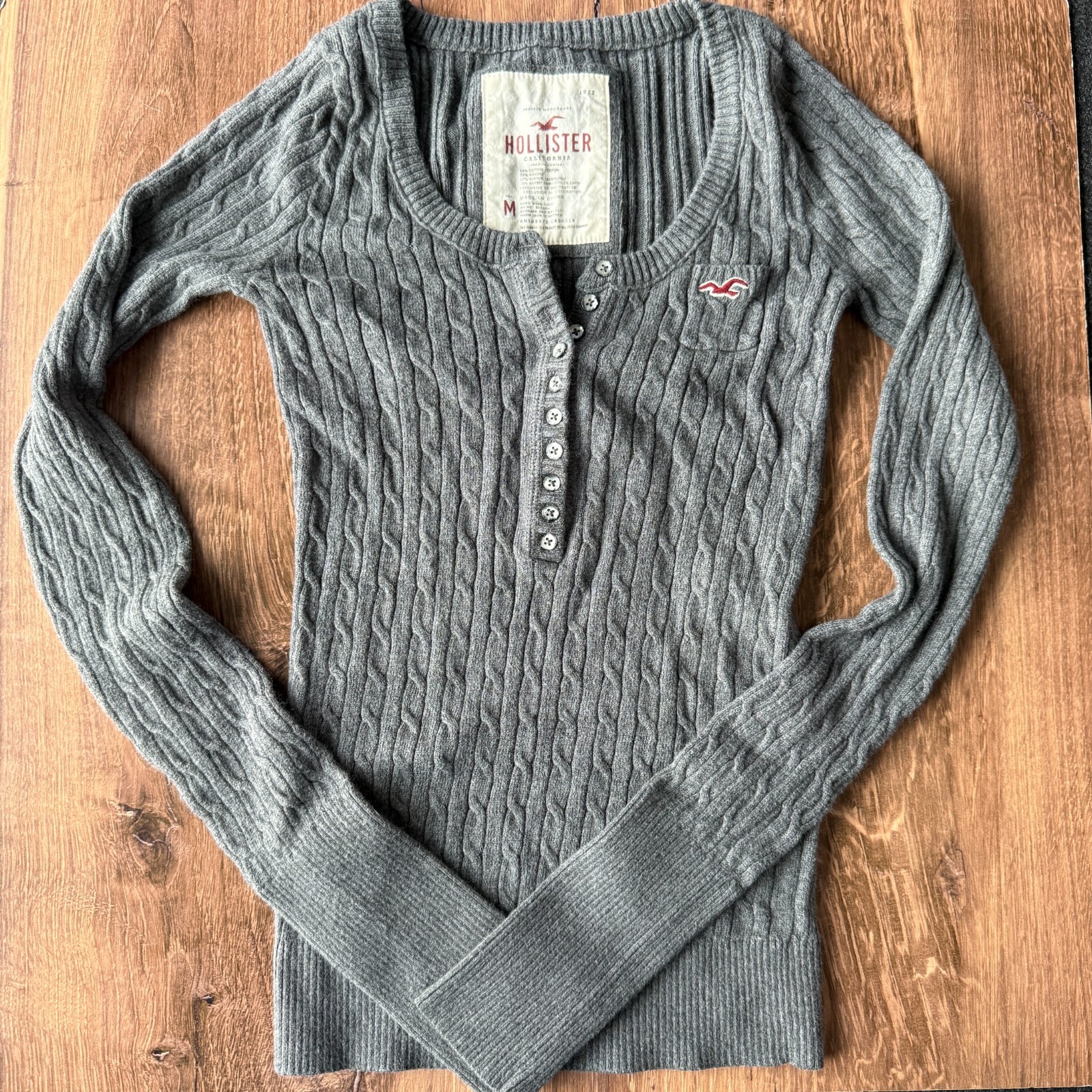 VTG Y2K Hollister Cable Knit Henley Sweater M Gray Rabbit Hair Bella Swan