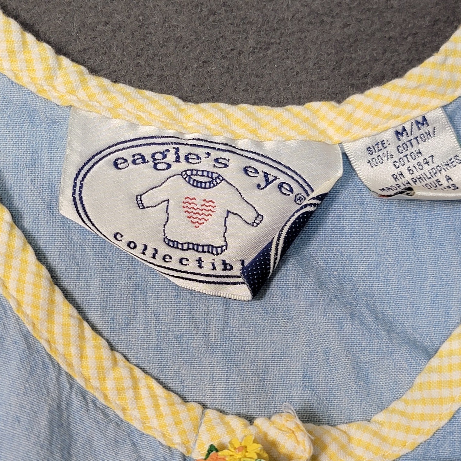 Vintage Eagle&rsquo;s Eye Blue Chambray Dress Yellow Gingham Trim Novelty Button Med