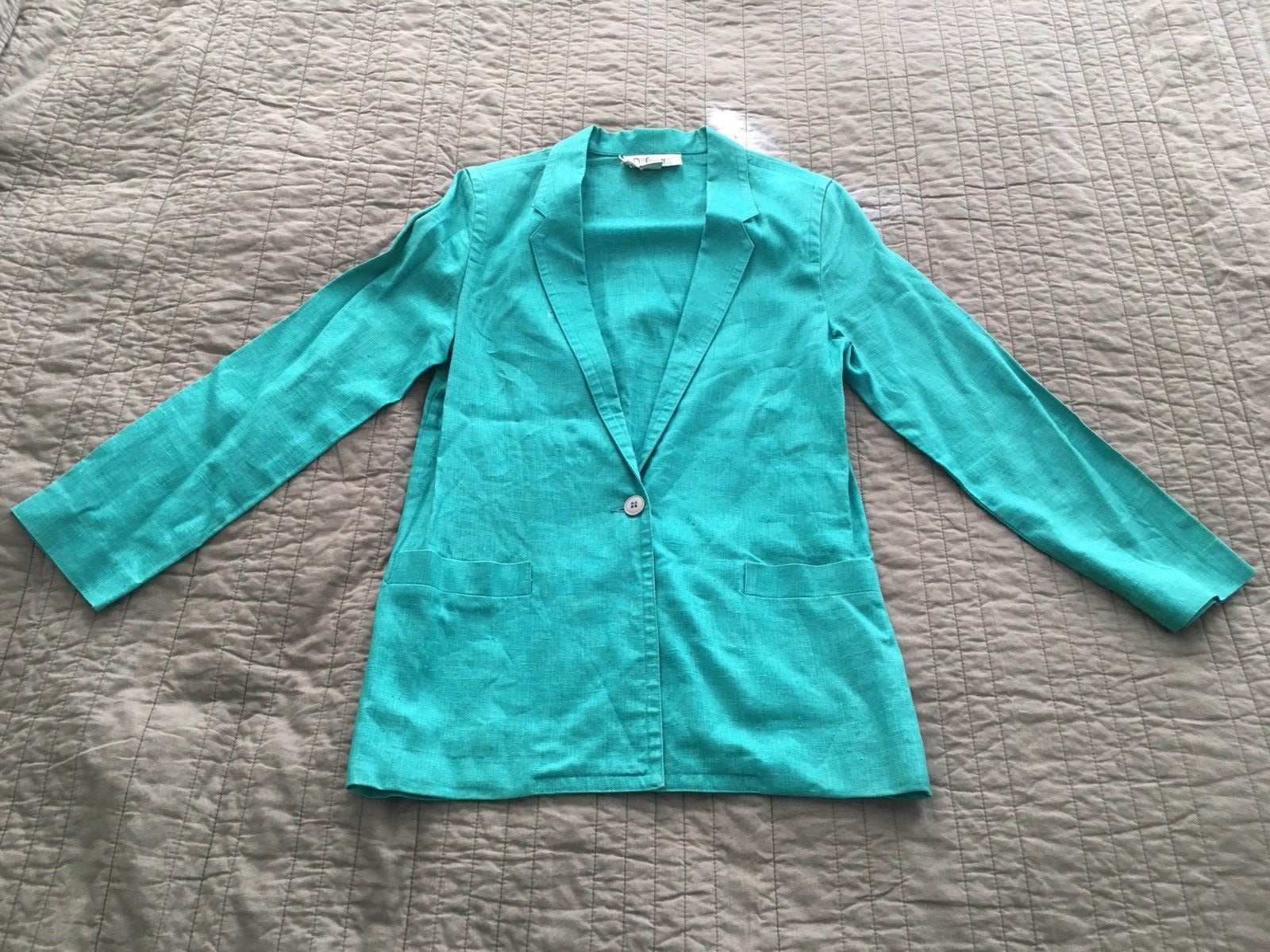 Teal Linen Blazer VINTAGE Rafaella Shoulder Pads Size Small with Pockets CUTE!