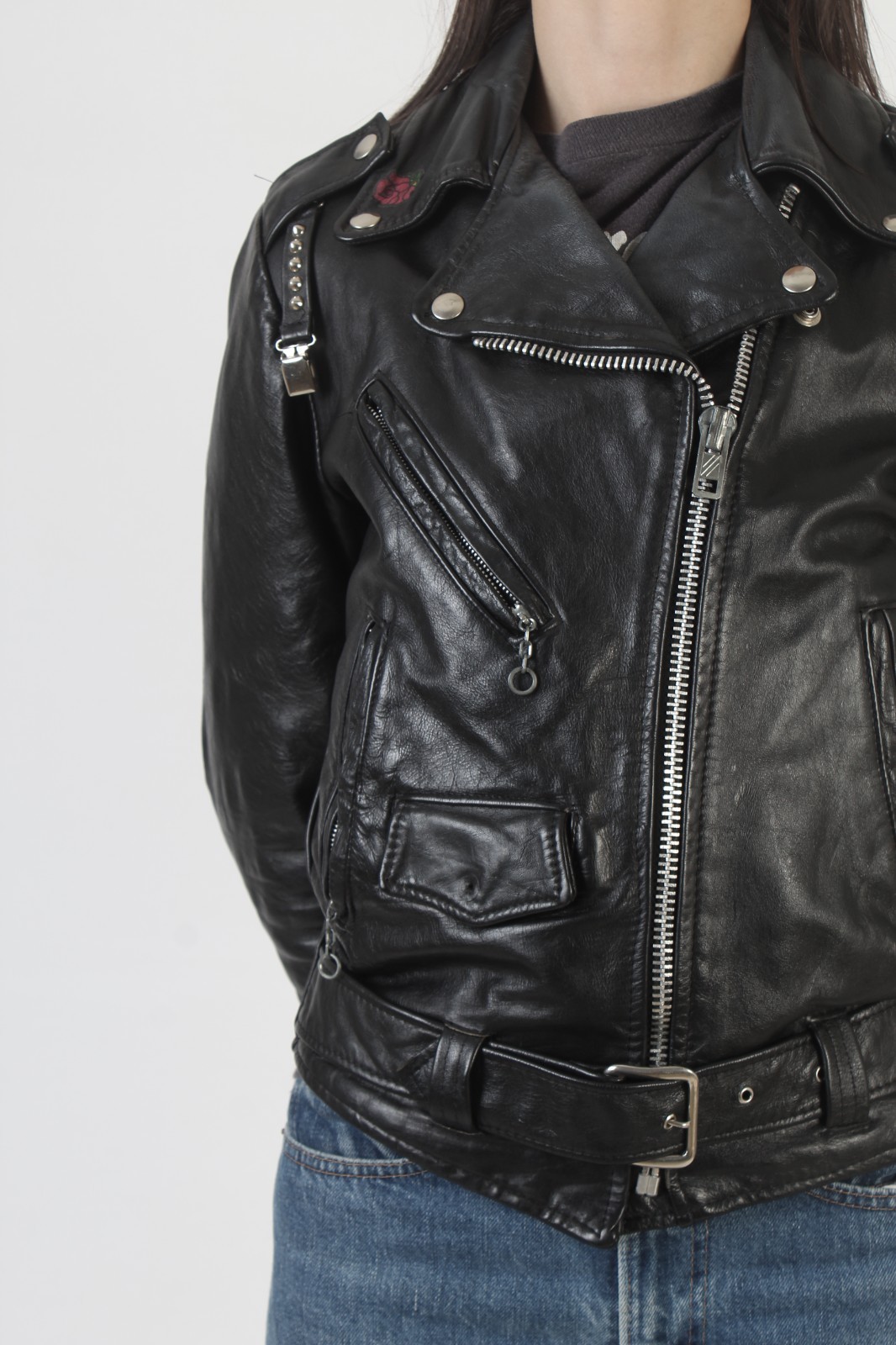 Vtg Gino Leather Black Leather Motorcycle Jacket Belted Asym Cropped Biker Coat
