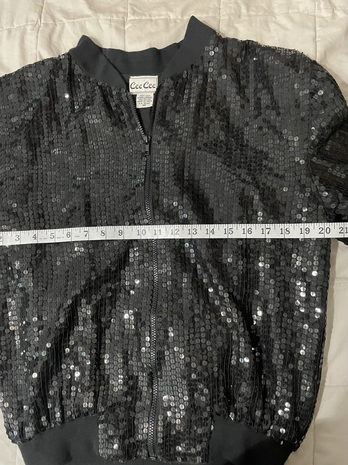 Vintage Cee Cee Silk Sequins Bomber Jacket Medium Black Glam Rock Boho Disco 80s