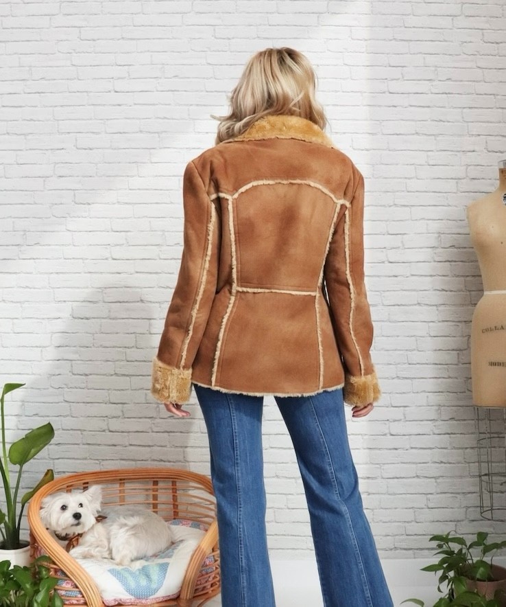 Vintage Faux Shearling Coat | Medium Large Size | 90s Brown Rancher Winter Coat