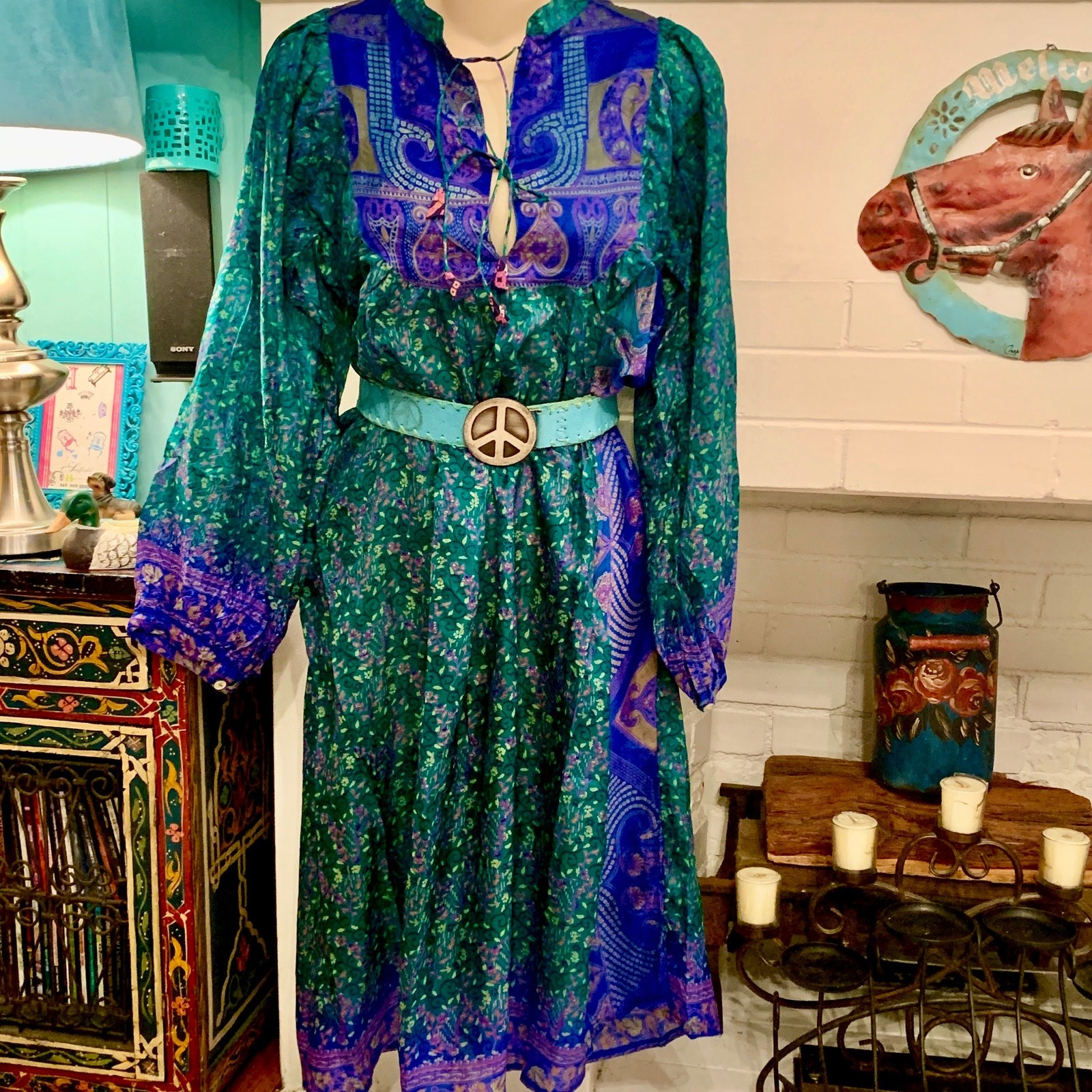 SEVENTIES 70&rsquo;s India SILK Mixed PATCHWORK Block Print HIPPIE BOHO Gypsy Dress