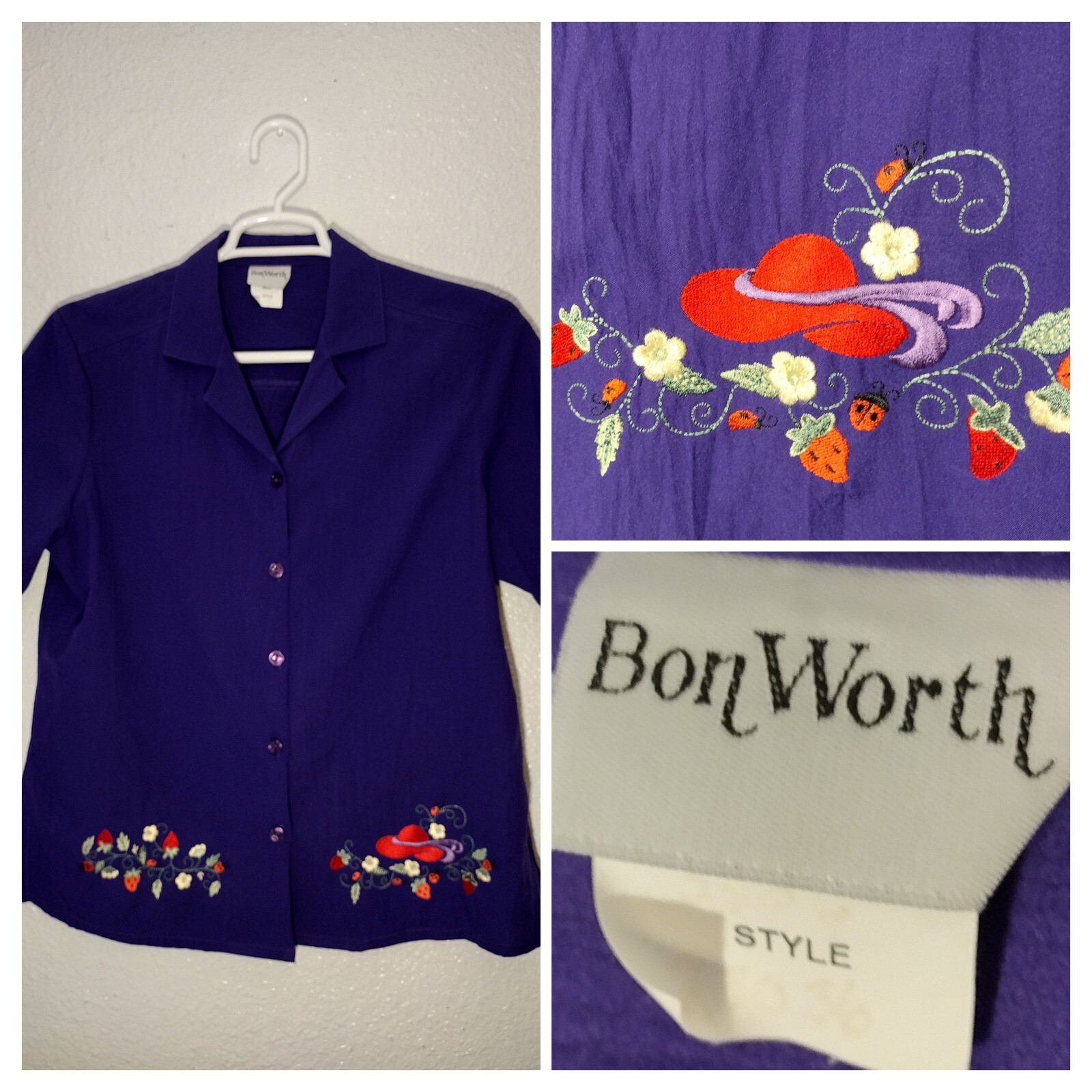 Red Hat Embroidered Button Up ShirtSz S BonWorth Vintage Sample Garment USA Made