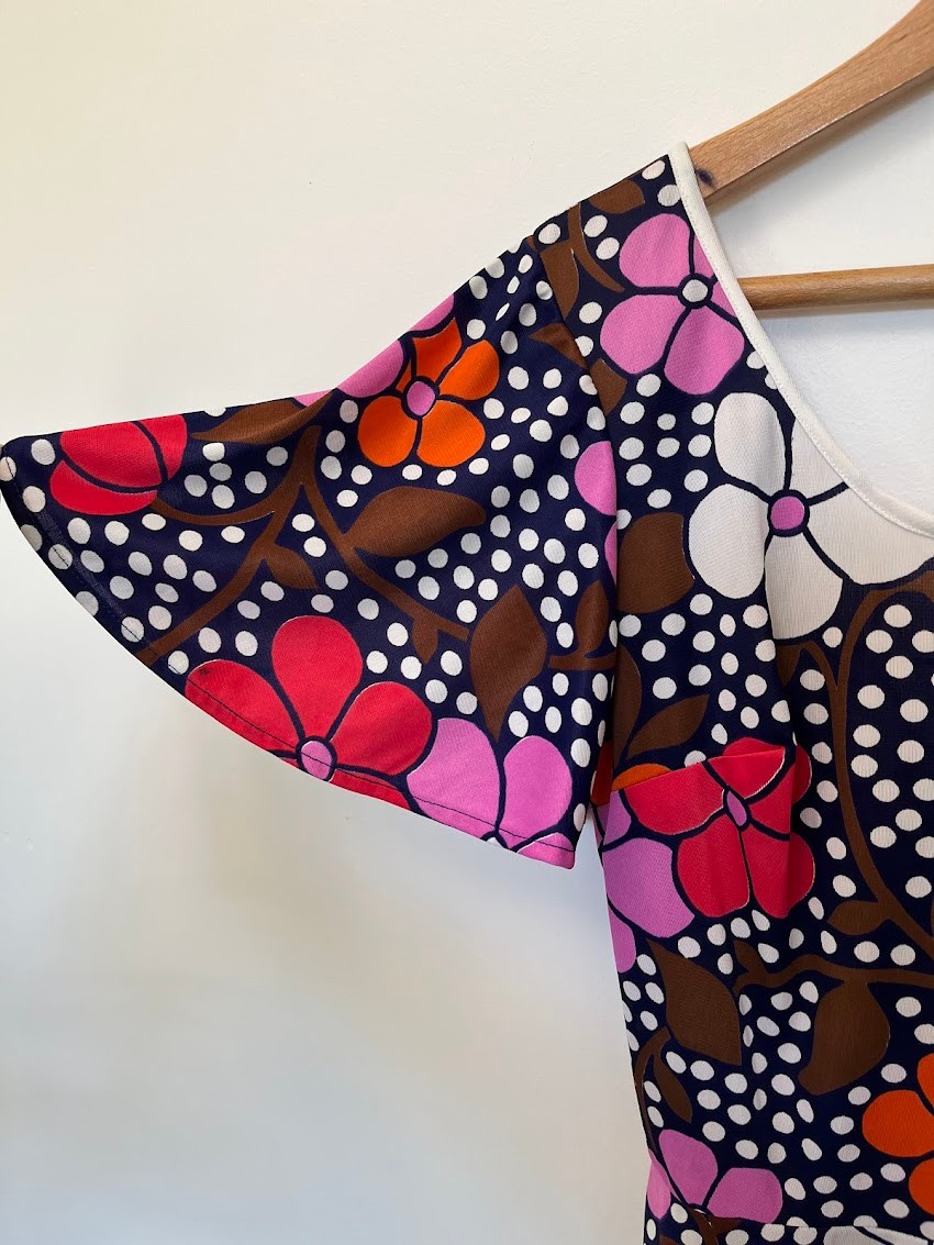 Vintage 1970s Groovy Floral Mini Dress Pop Art Mod Retro Warhol Print XS/S