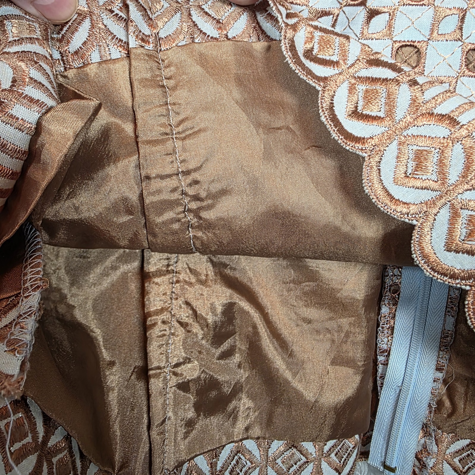 Vtg 70s Guipure Lace V-Neck Top Copper Geometric Cutwork Boho Scalloped Peplum M