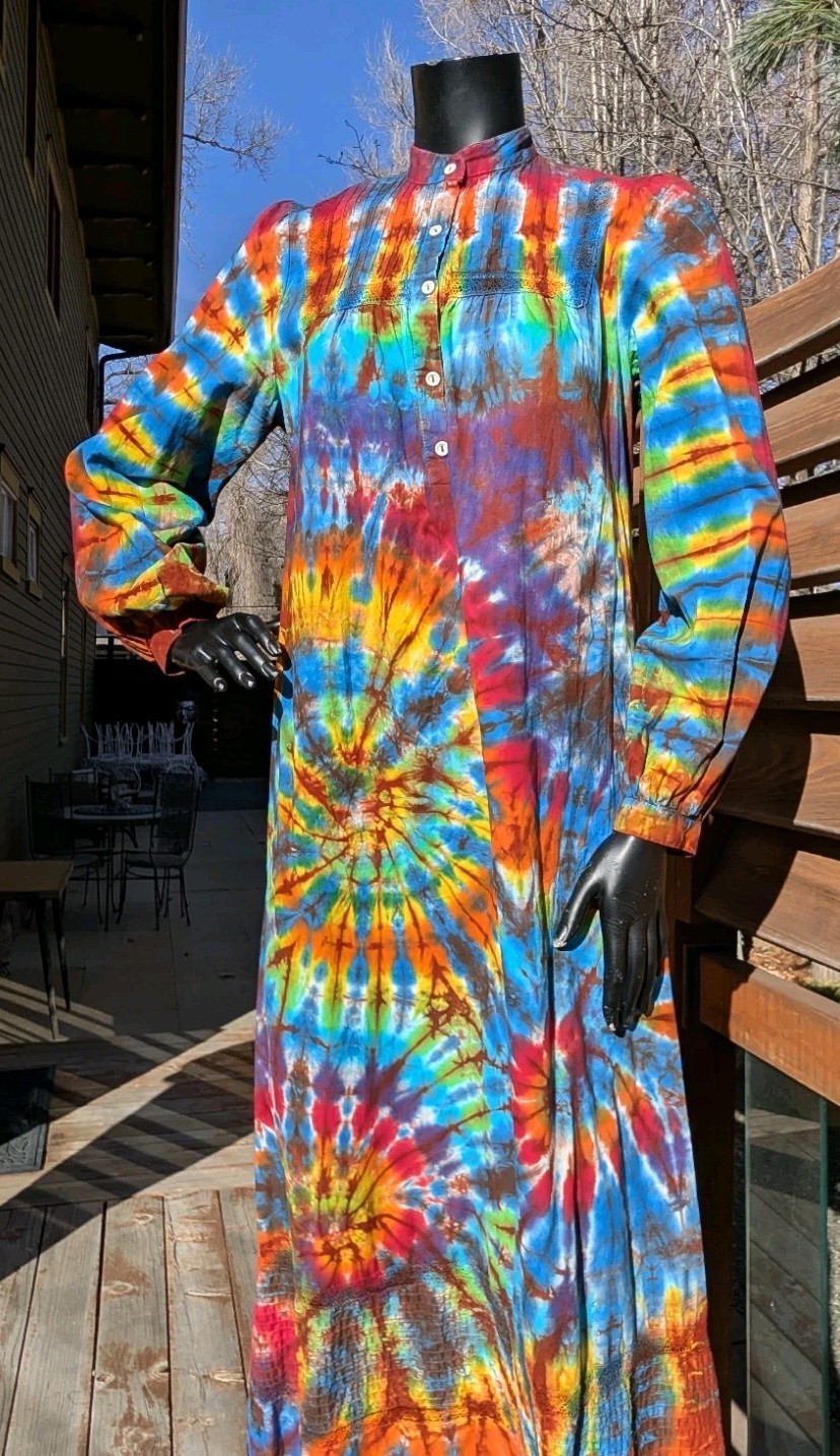 Vintage long sleeve cotton Tie Dye hippie festival dress sz L Aileen West